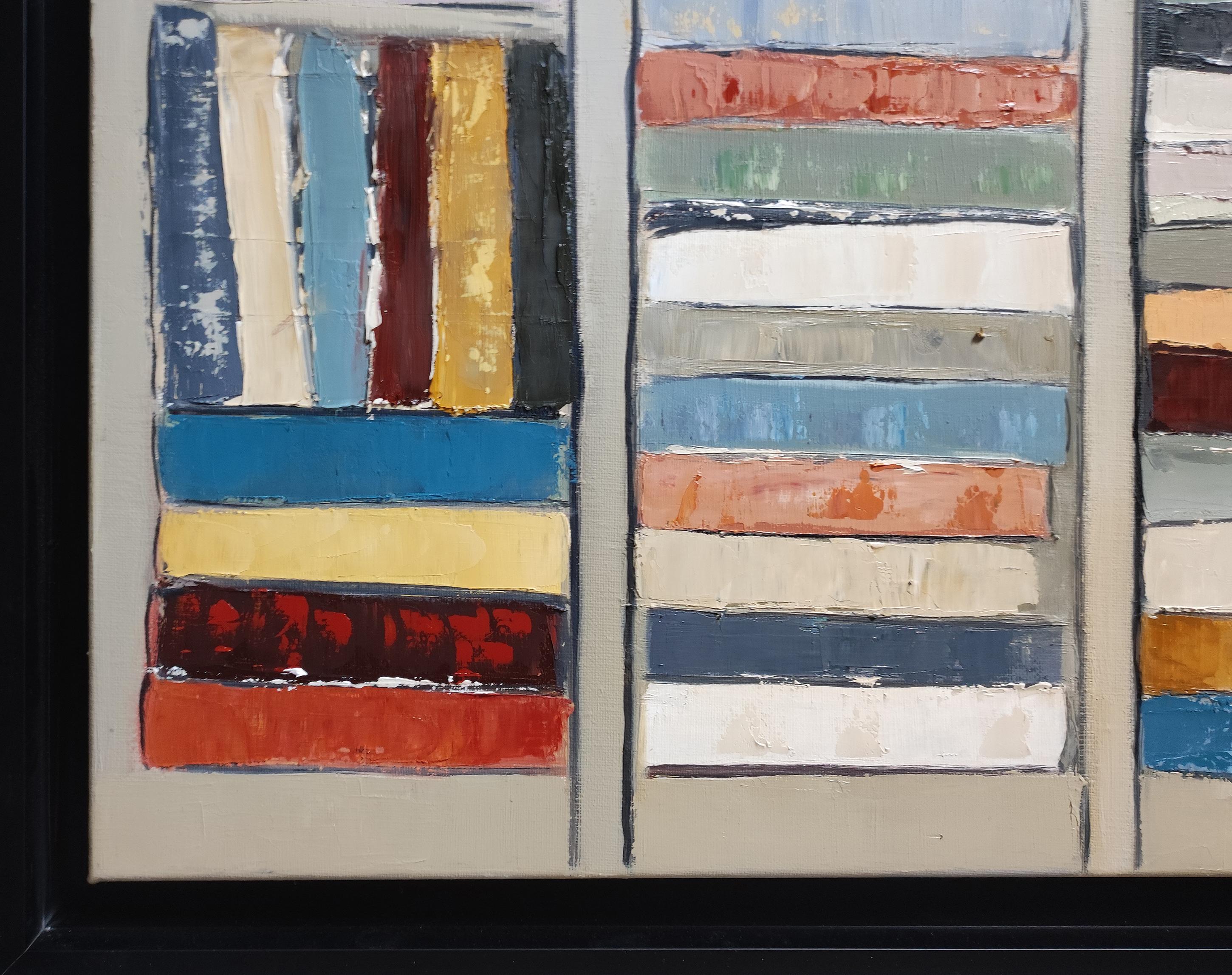 Tra le linee, Biblioteca astratta, colori, Geometrico, Contemporaneo, Olio, Libri in vendita 1