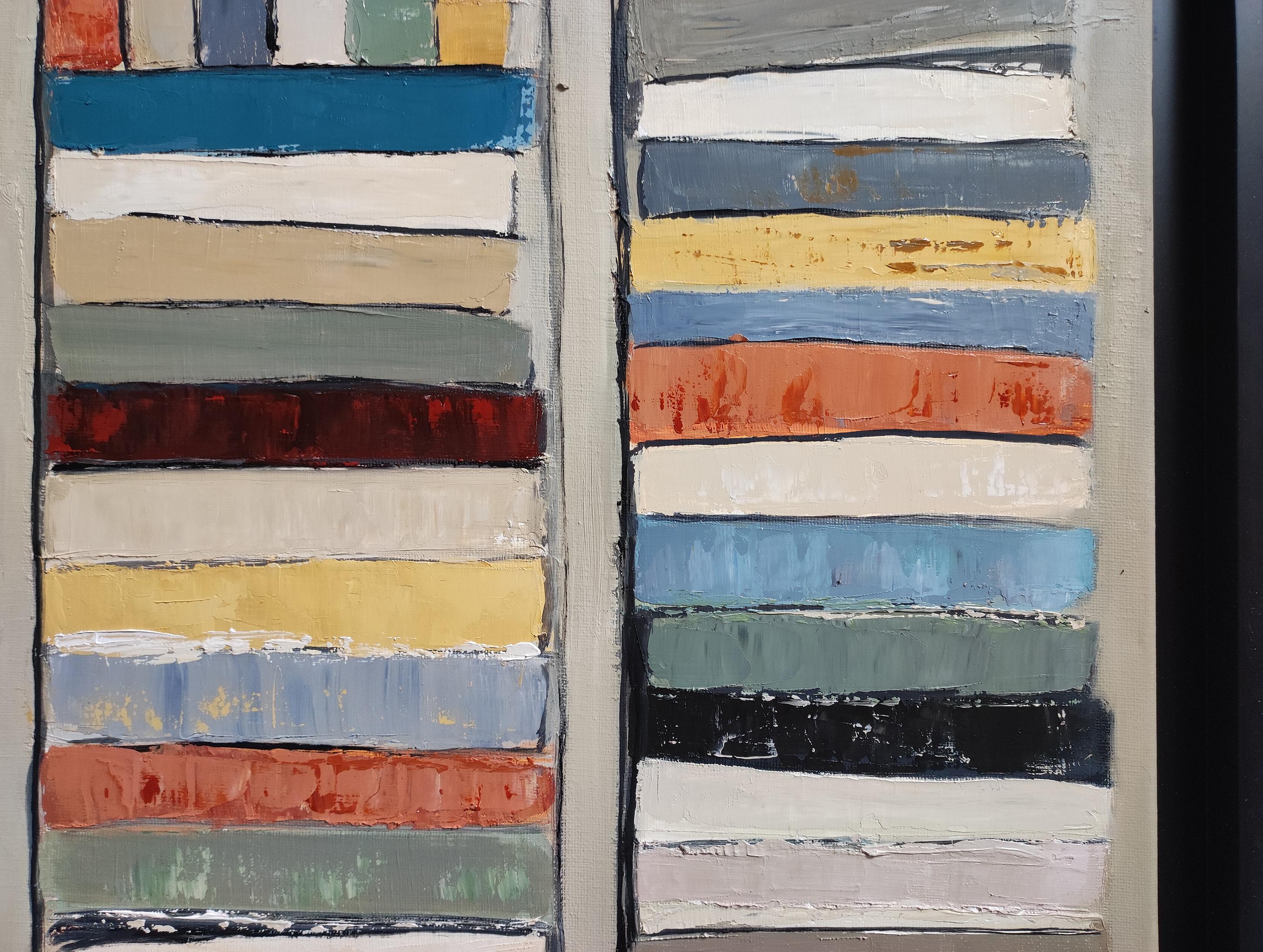 Tra le linee, Biblioteca astratta, colori, Geometrico, Contemporaneo, Olio, Libri in vendita 2