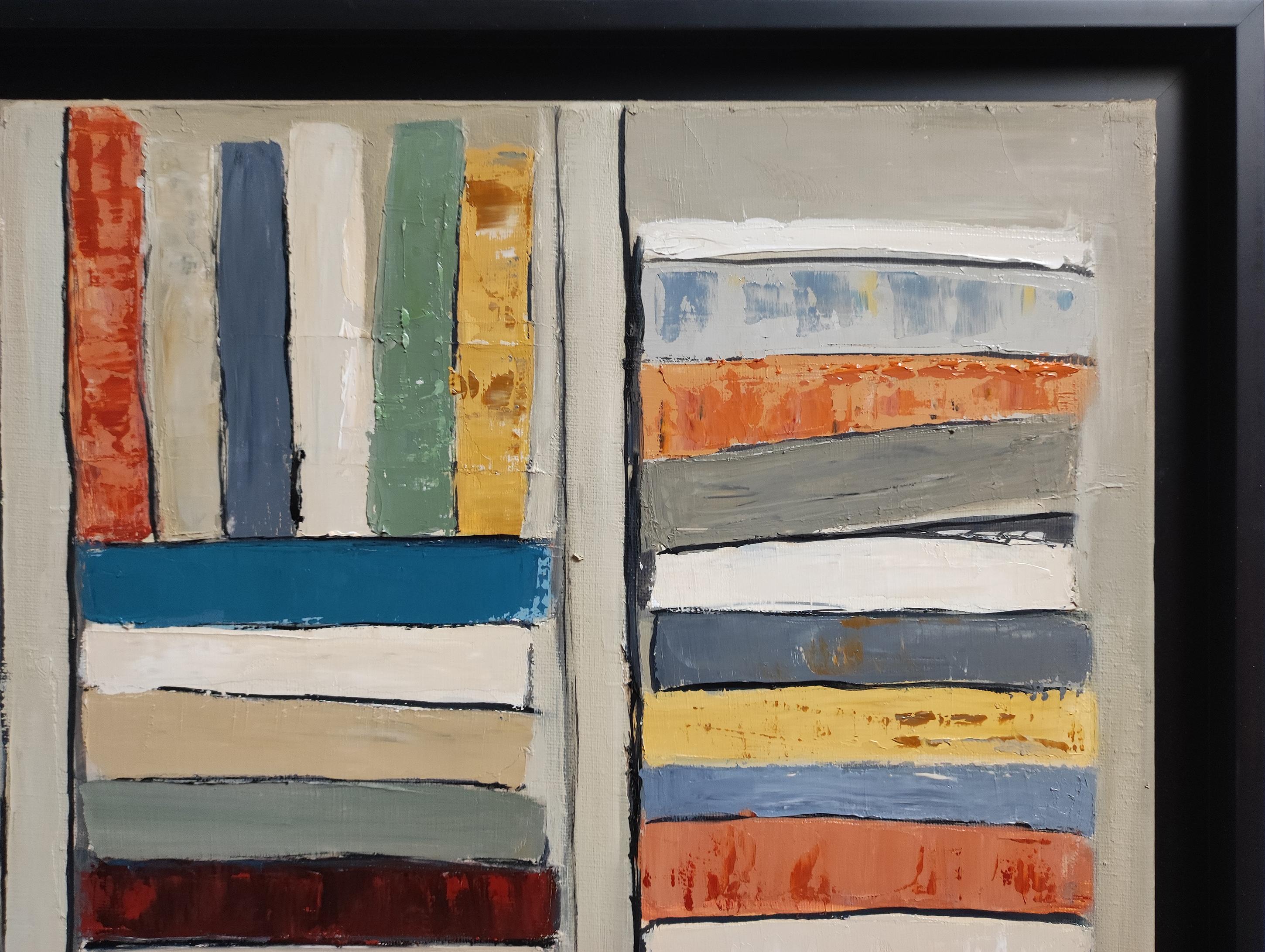Tra le linee, Biblioteca astratta, colori, Geometrico, Contemporaneo, Olio, Libri in vendita 3