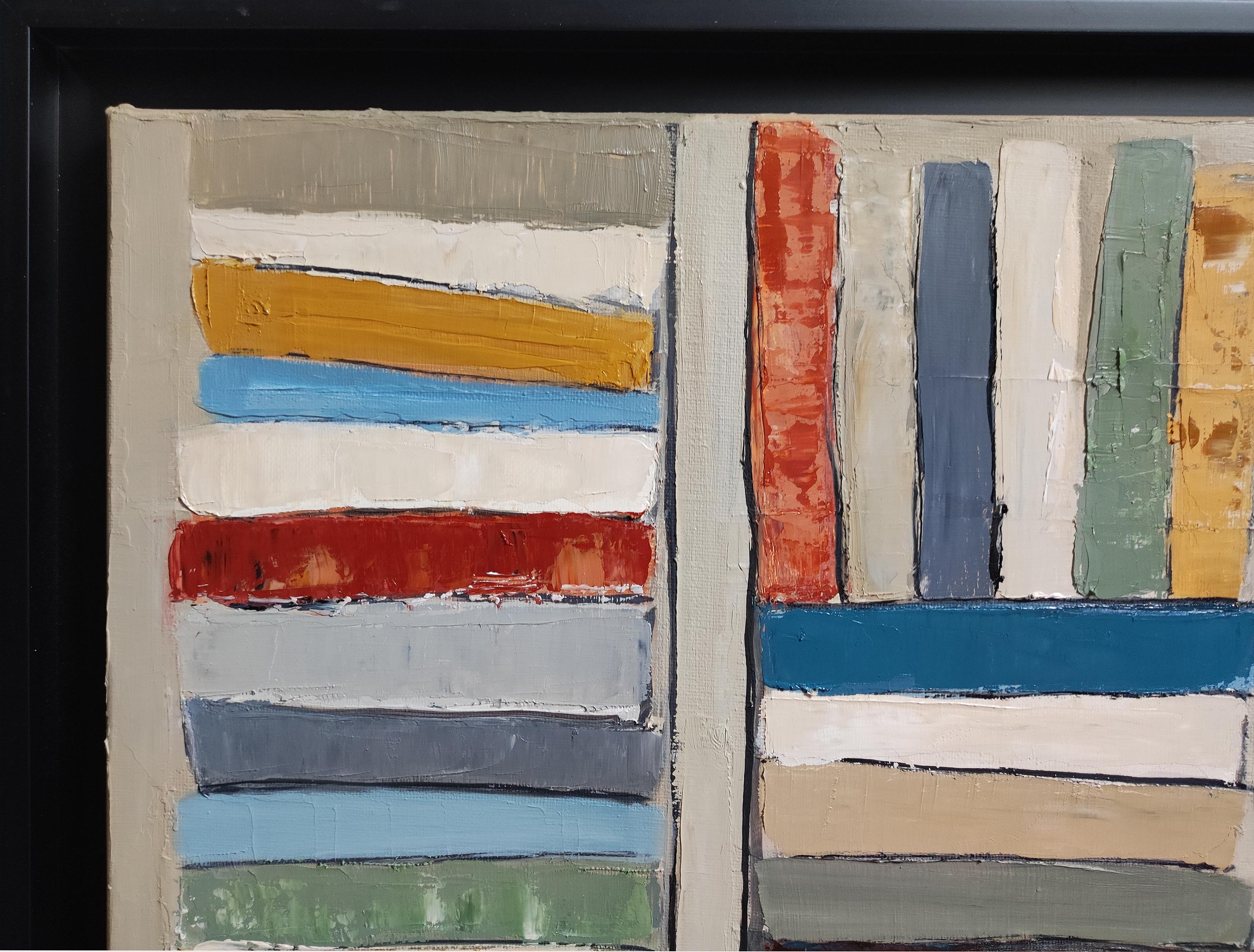 Tra le linee, Biblioteca astratta, colori, Geometrico, Contemporaneo, Olio, Libri in vendita 4