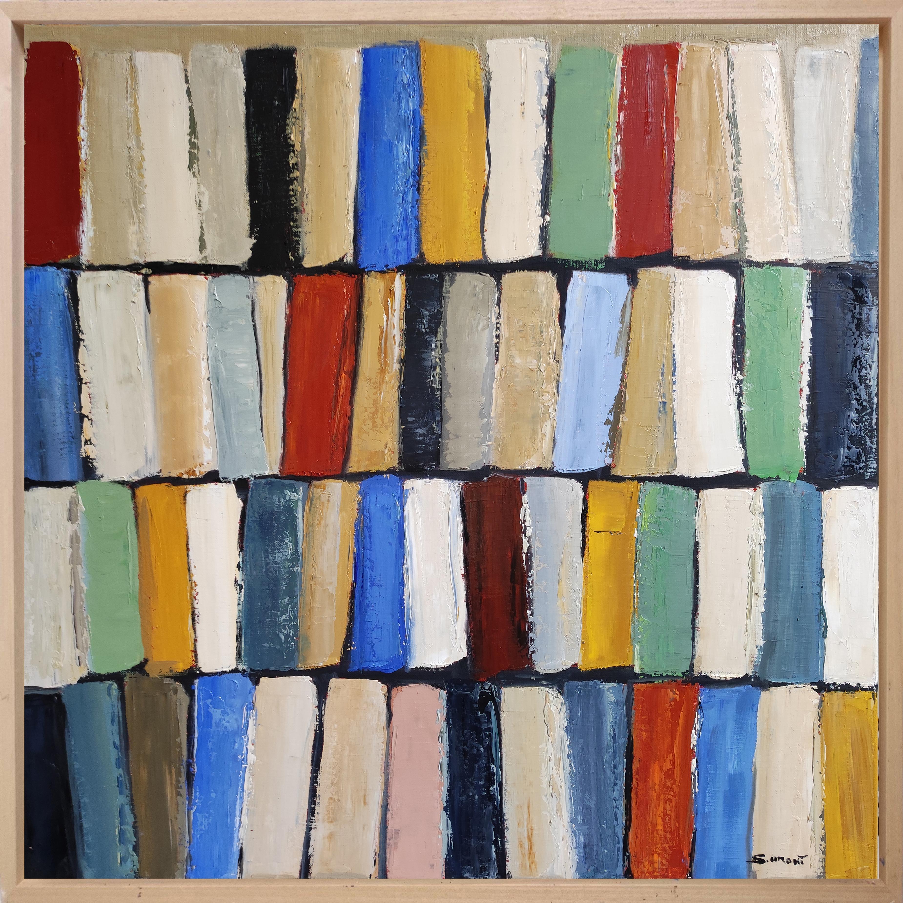 Bigarré, abstract library,  colored, expressionism, geometric, modern, texture - Painting by SOPHIE DUMONT
