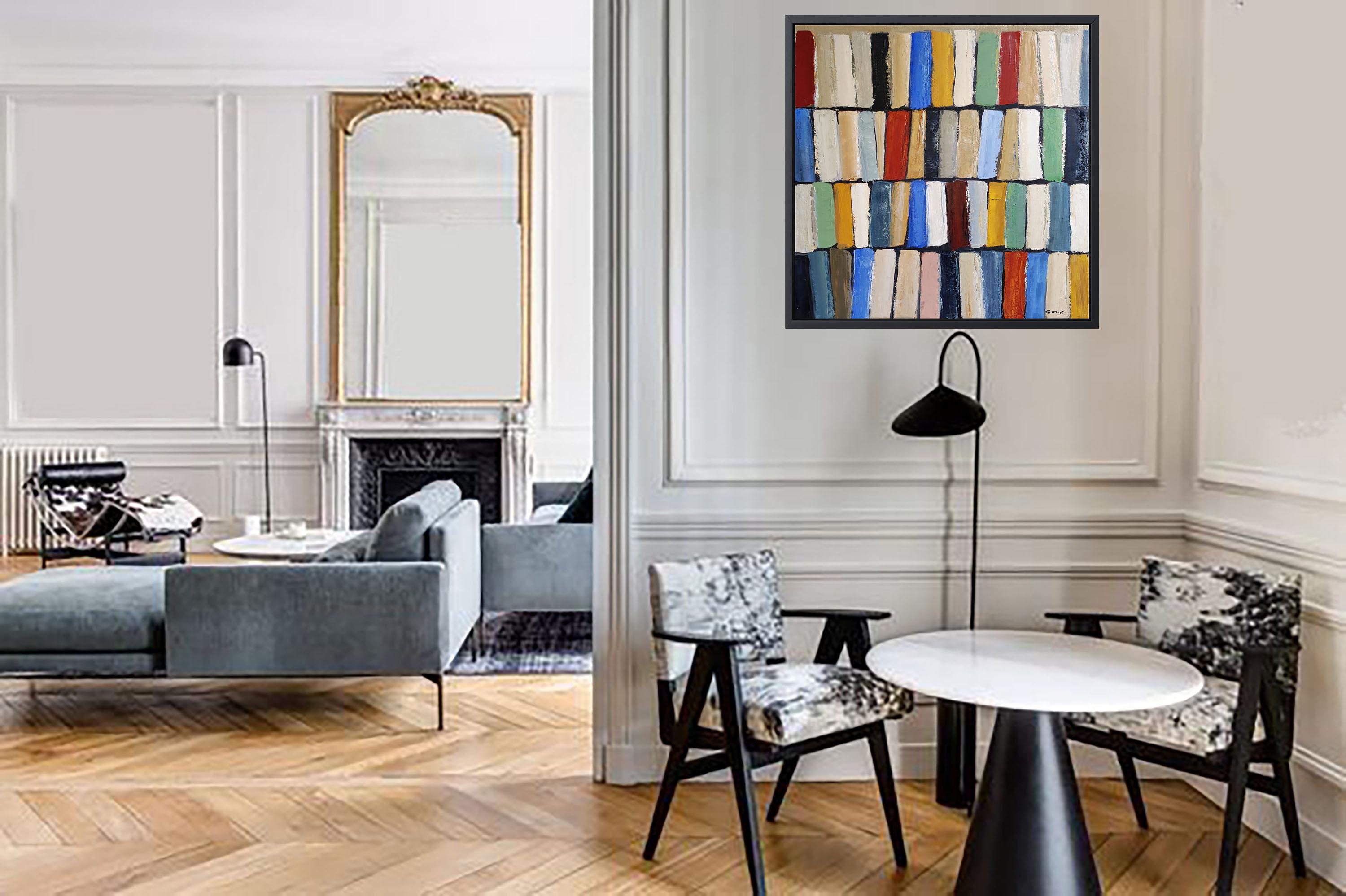Sophie Dumont, as an artist, excels in mastering the material and layering on the canvas, a technique that allows her to create works rich in texture and depth. When she chooses the library as a subject, it adds a captivating dimension to her