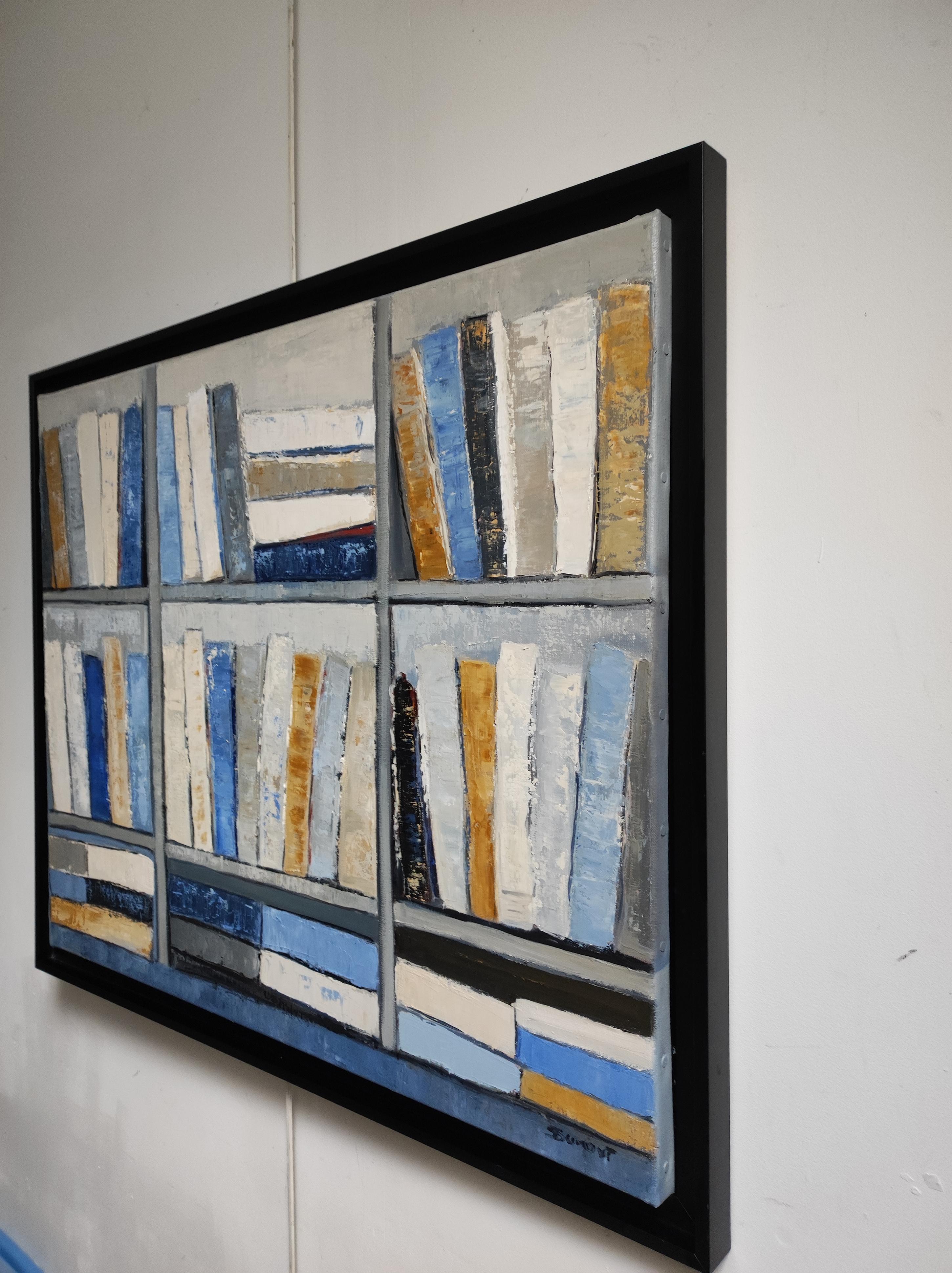 Libri blu, Olio su tela, Astratto, biblioteca, Geometrico, Espressionismo - Painting di SOPHIE DUMONT