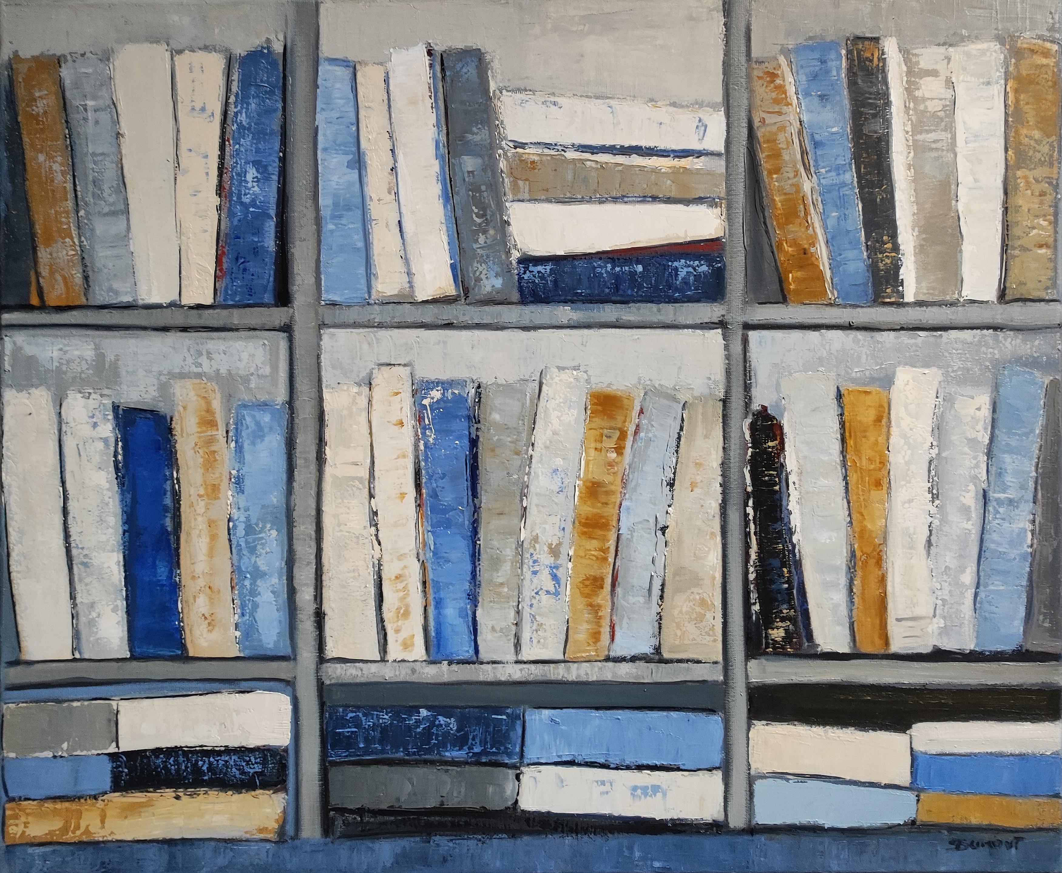 Libri blu, Olio su tela, Astratto, biblioteca, Geometrico, Espressionismo - Painting Astrattismo geometrico di SOPHIE DUMONT
