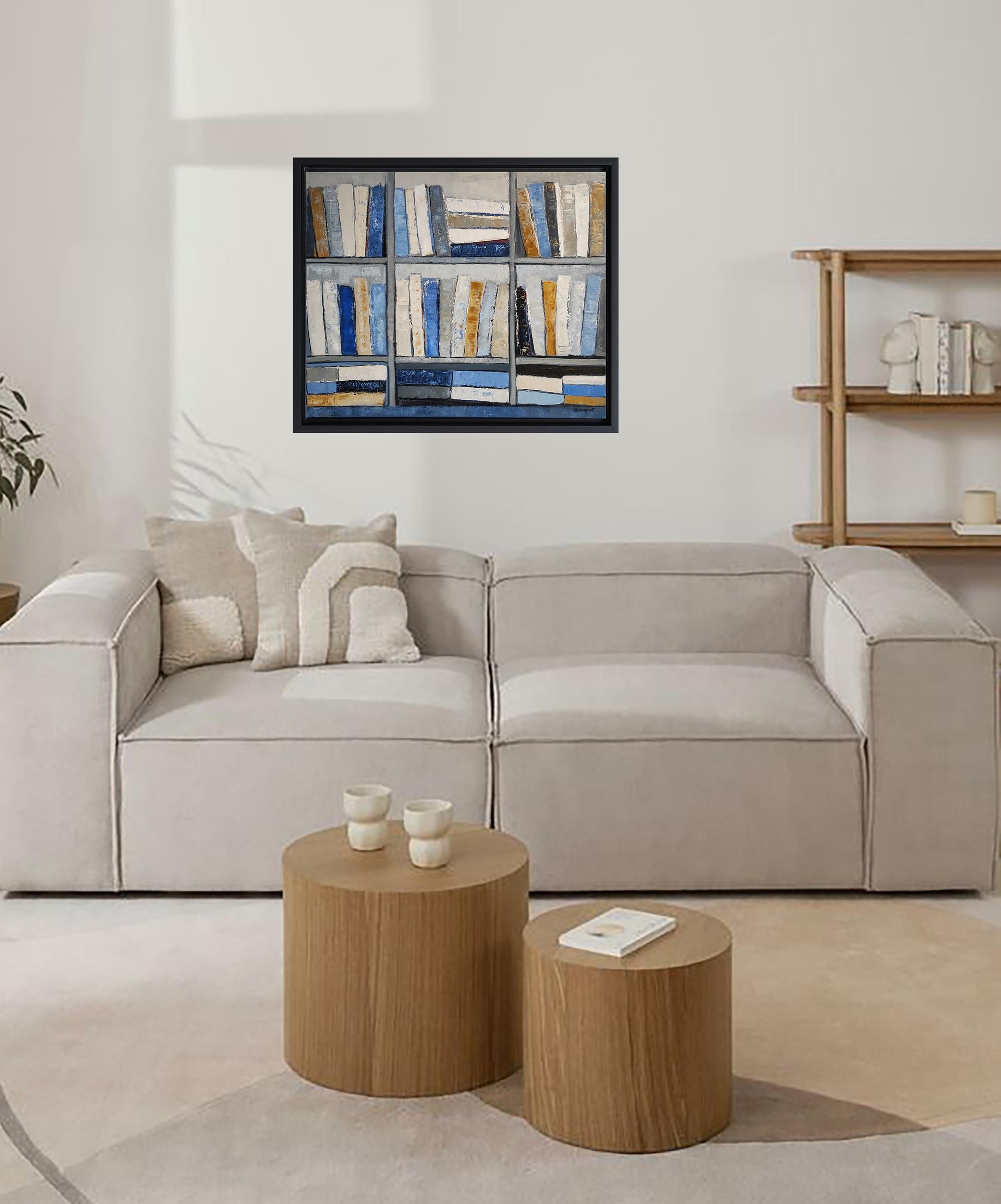 Libri blu, Olio su tela, Astratto, biblioteca, Geometrico, Espressionismo - Still-Life Painting Grigio di SOPHIE DUMONT