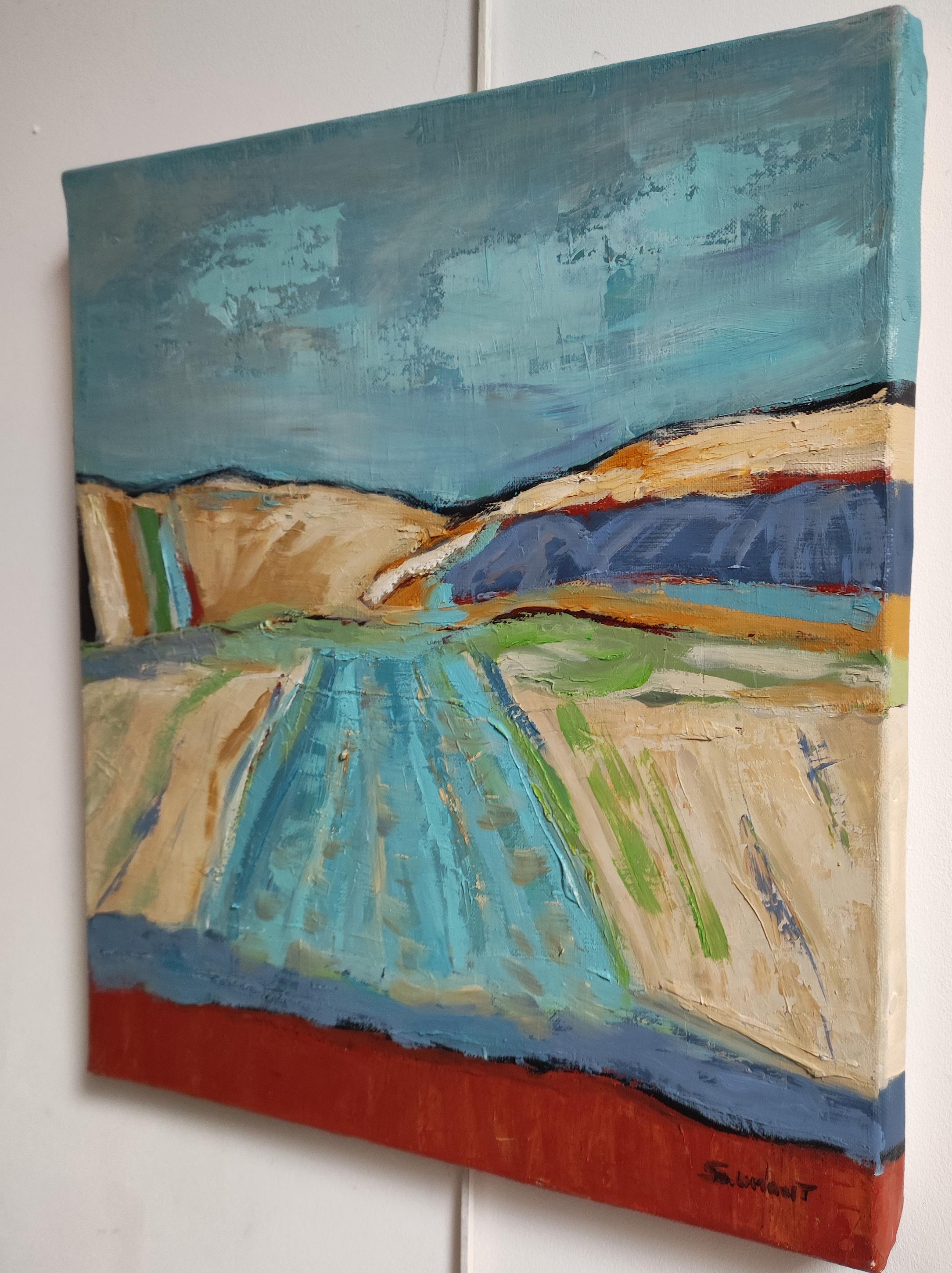 Blaue Landschaft, Abstraktes Landleben, Contemporary, Öl auf Leinwand, Französisch im Angebot 5