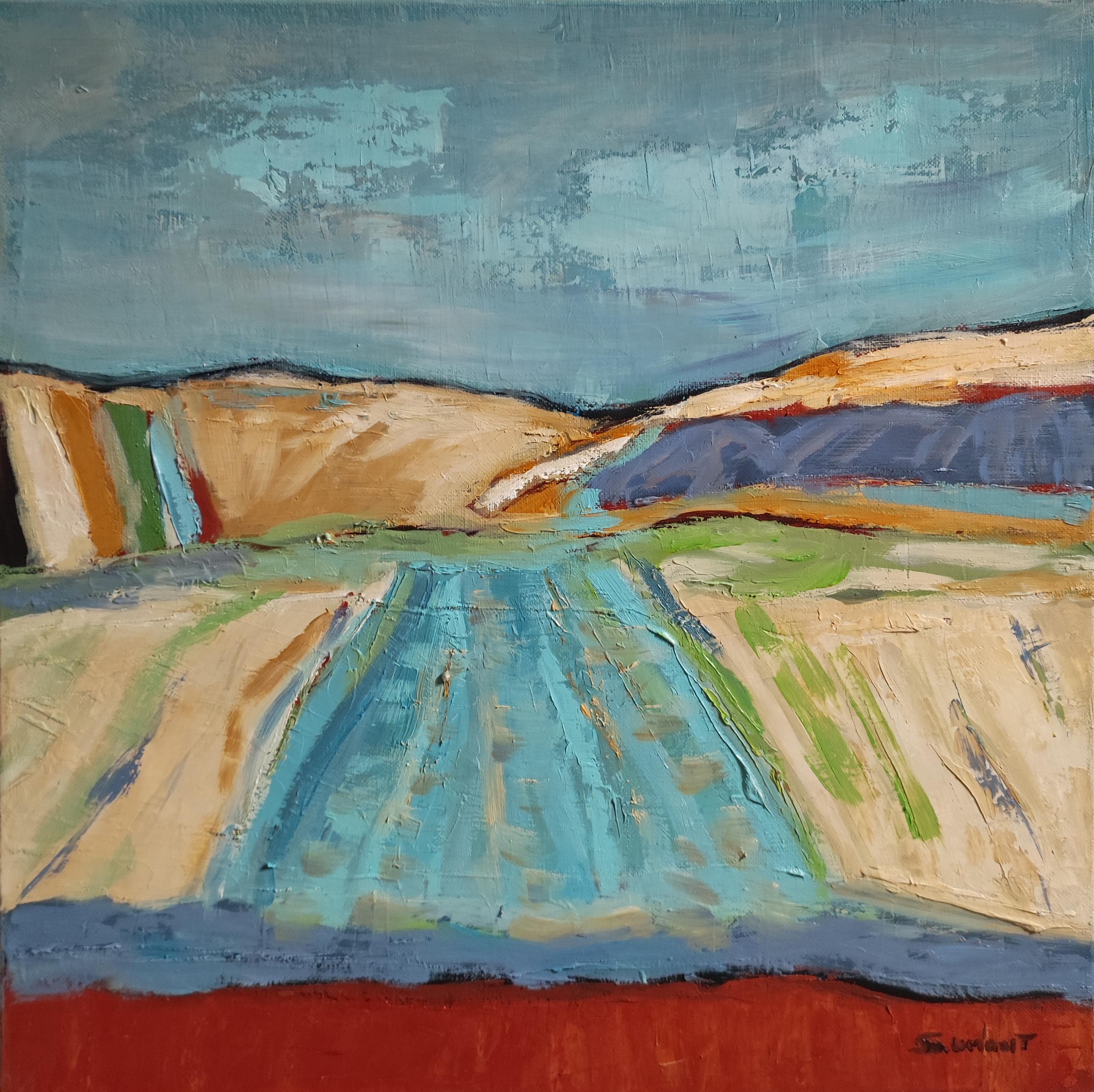 Blaue Landschaft, Abstraktes Landleben, Contemporary, Öl auf Leinwand, Französisch im Angebot 6