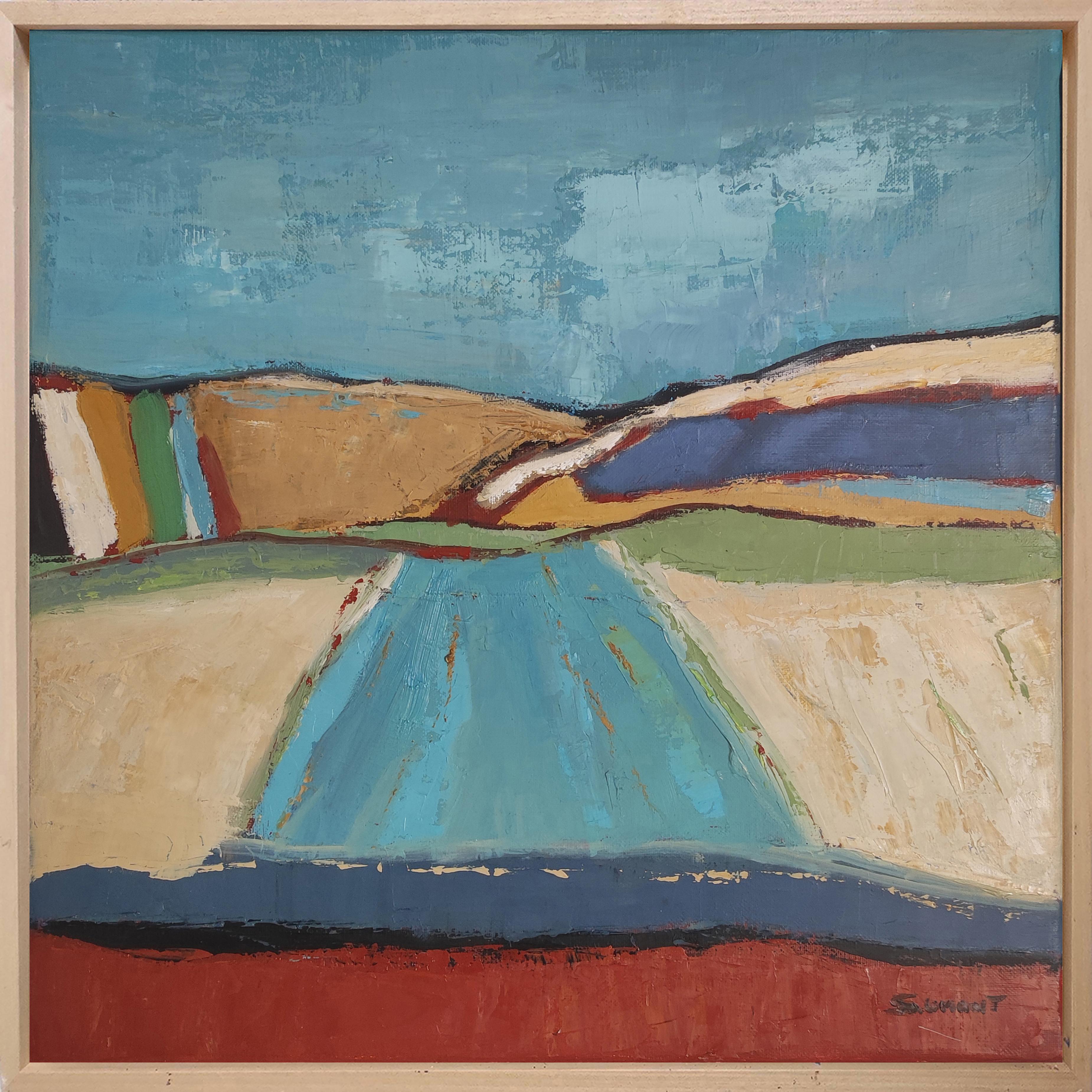 paysage bleu, campagne abstraite, contemporain, huile sur toile, texturé en vente 6