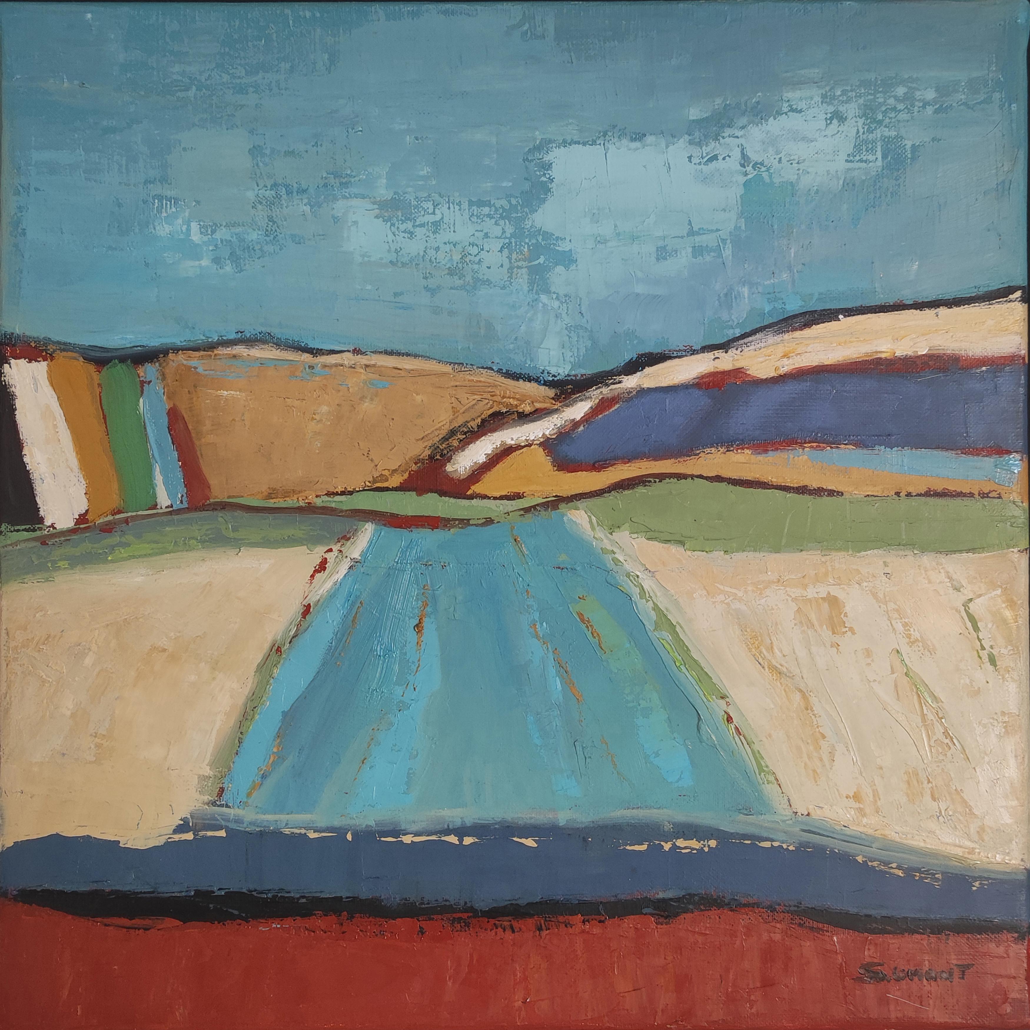 paysage bleu, campagne abstraite, contemporain, huile sur toile, texturé - Expressionnisme abstrait Painting par SOPHIE DUMONT