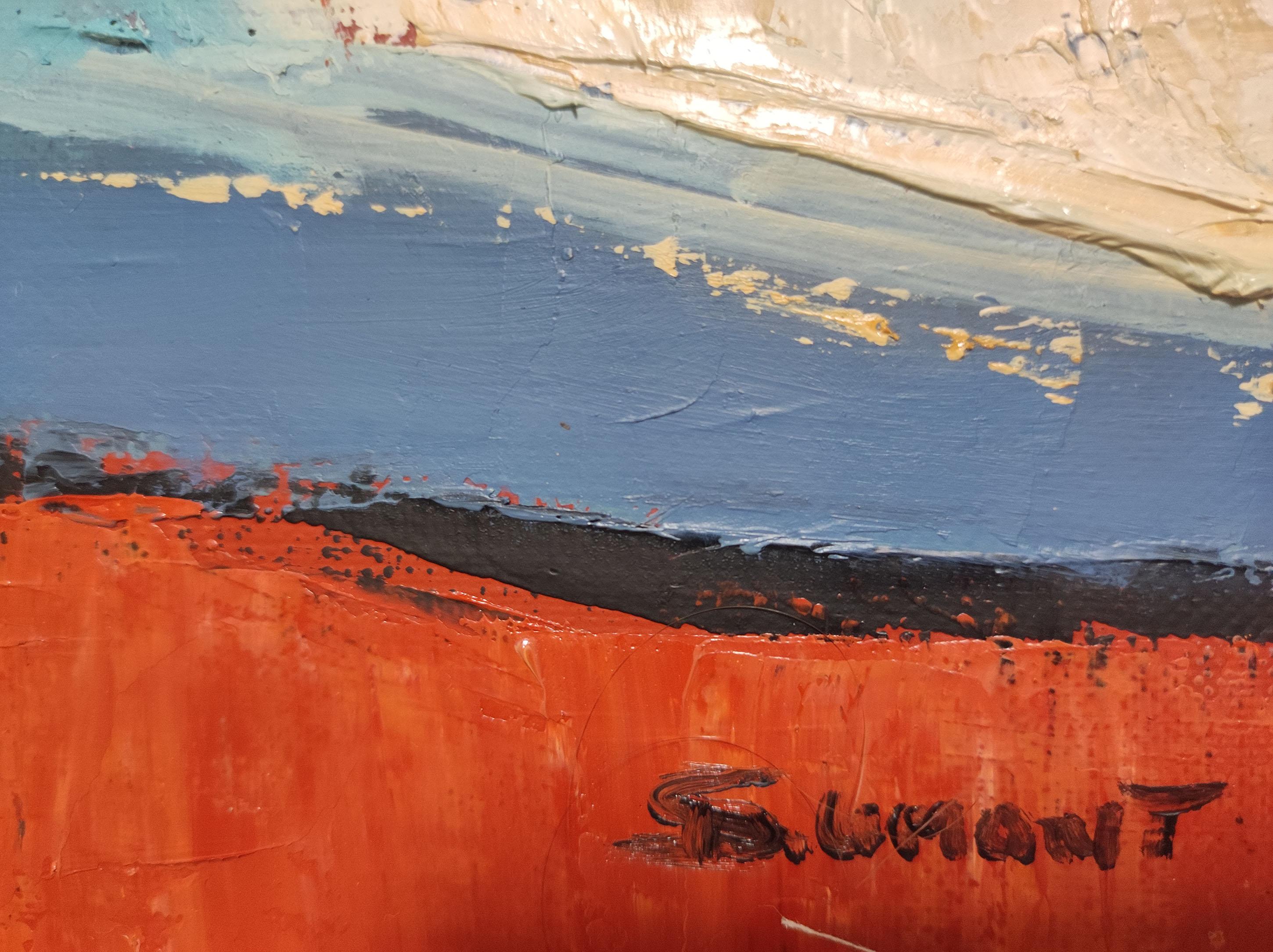 paysage bleu, campagne abstraite, contemporain, huile sur toile, texturé en vente 1