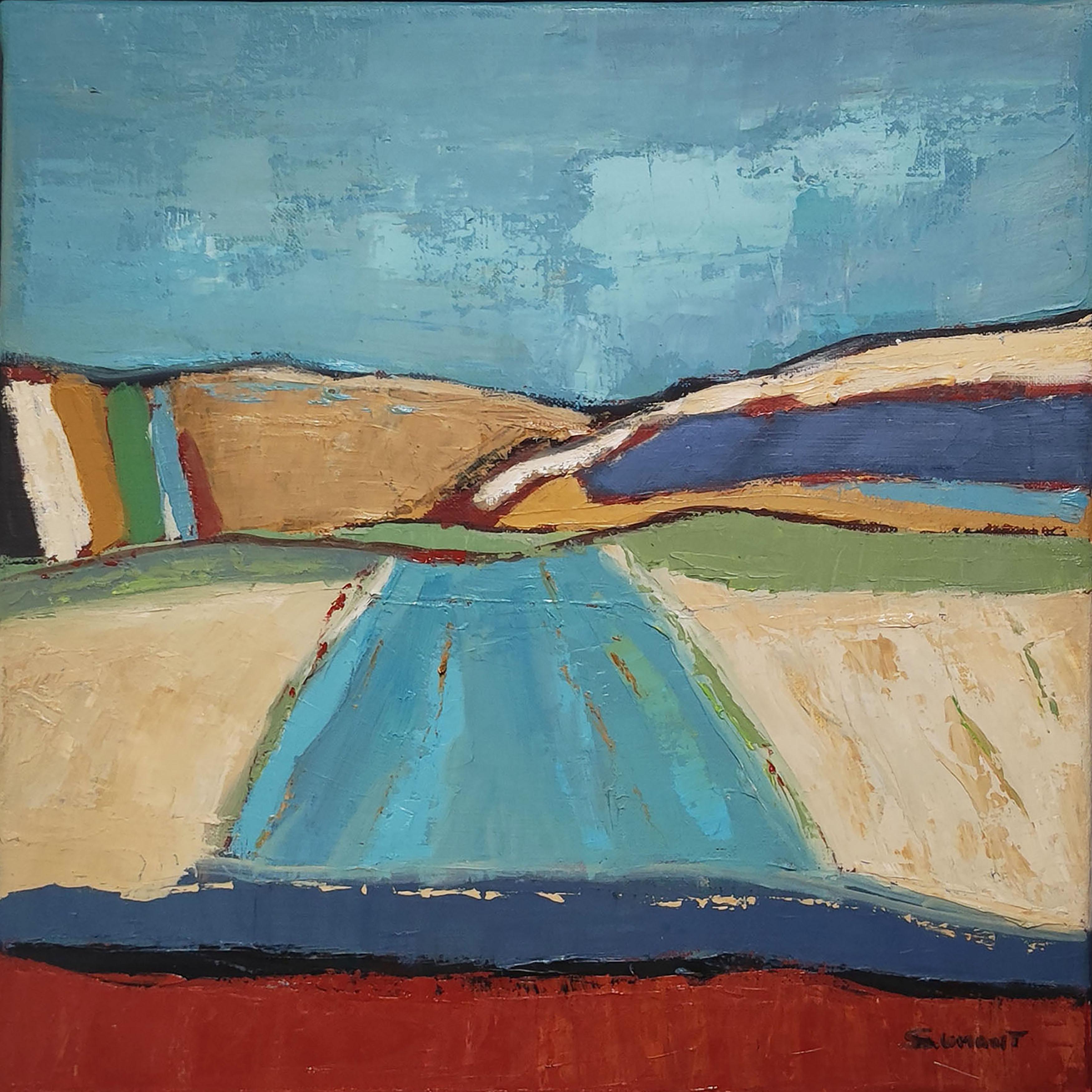paysage bleu, campagne abstraite, contemporain, huile sur toile, texturé en vente 4