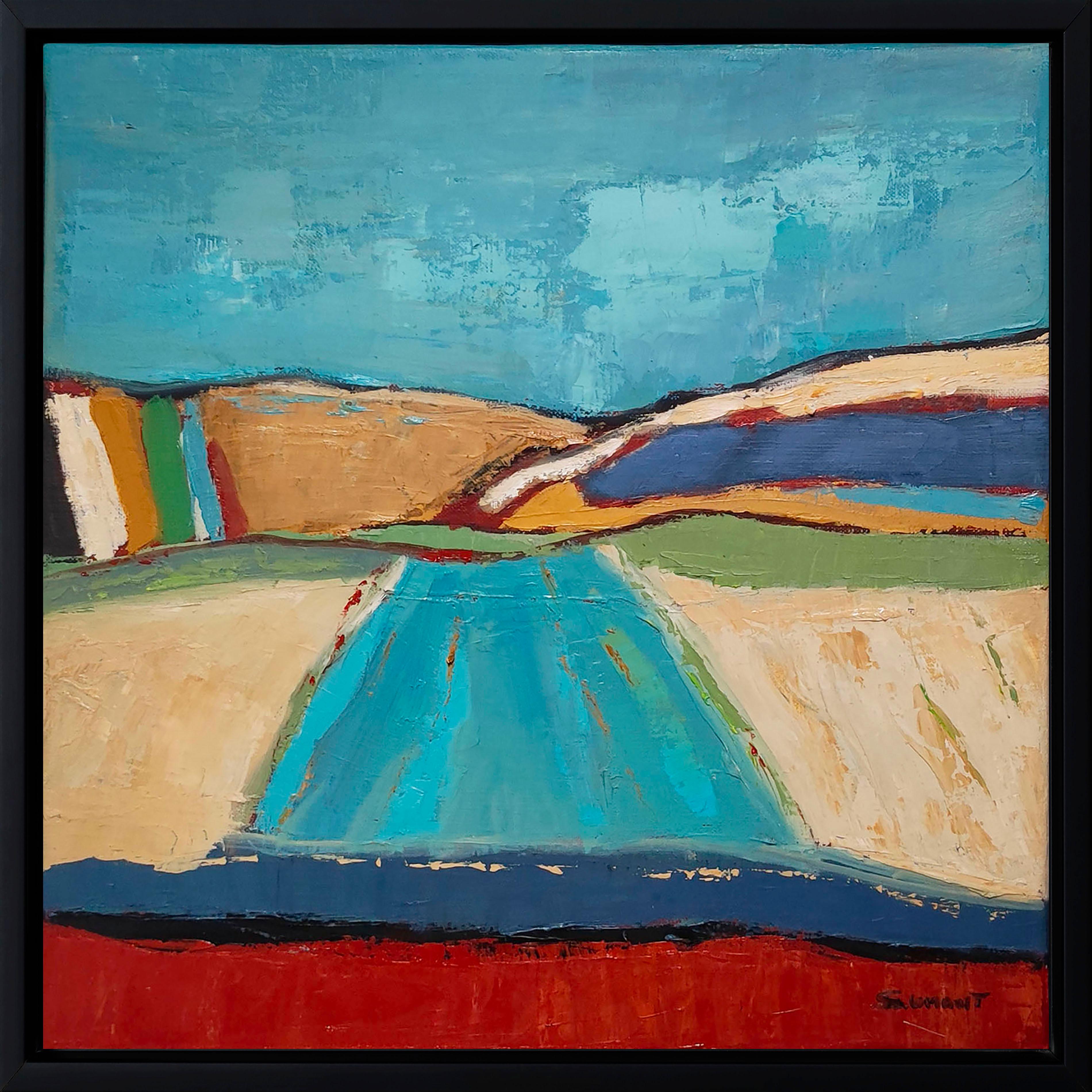 blue landscape, abstract countryside, contemporary, oil on canvas, textured