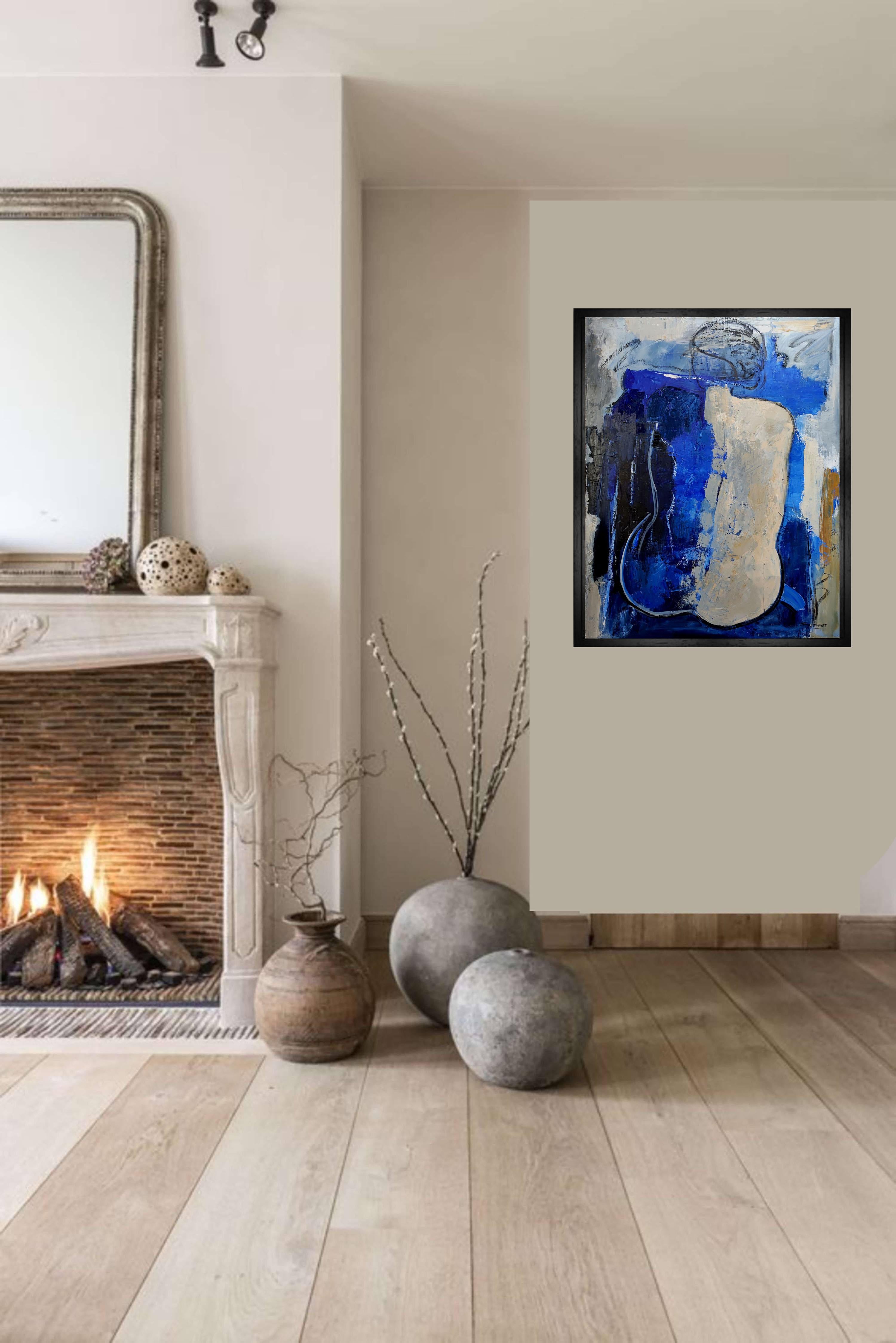 nudo blu, donna  nudo, olio, figurativo, espressionismo contemporaneo, artista francese - Painting di SOPHIE DUMONT