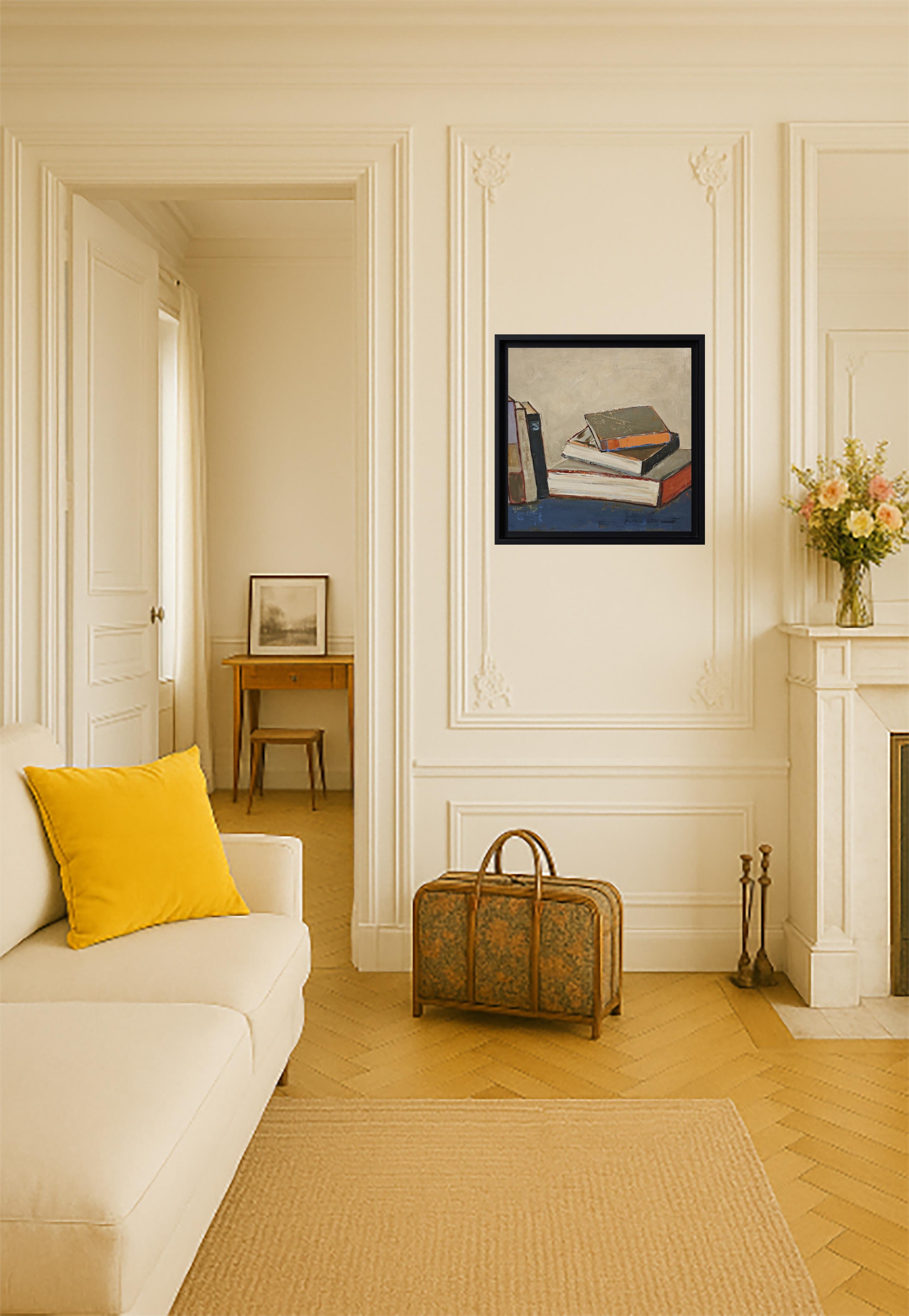 Les reliures en lumière - Abstract library, textured painting, Oil on canvas For Sale 5
