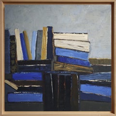 Blue Pages: Textured Oil on Canvas Abstract Library Painting, French artist