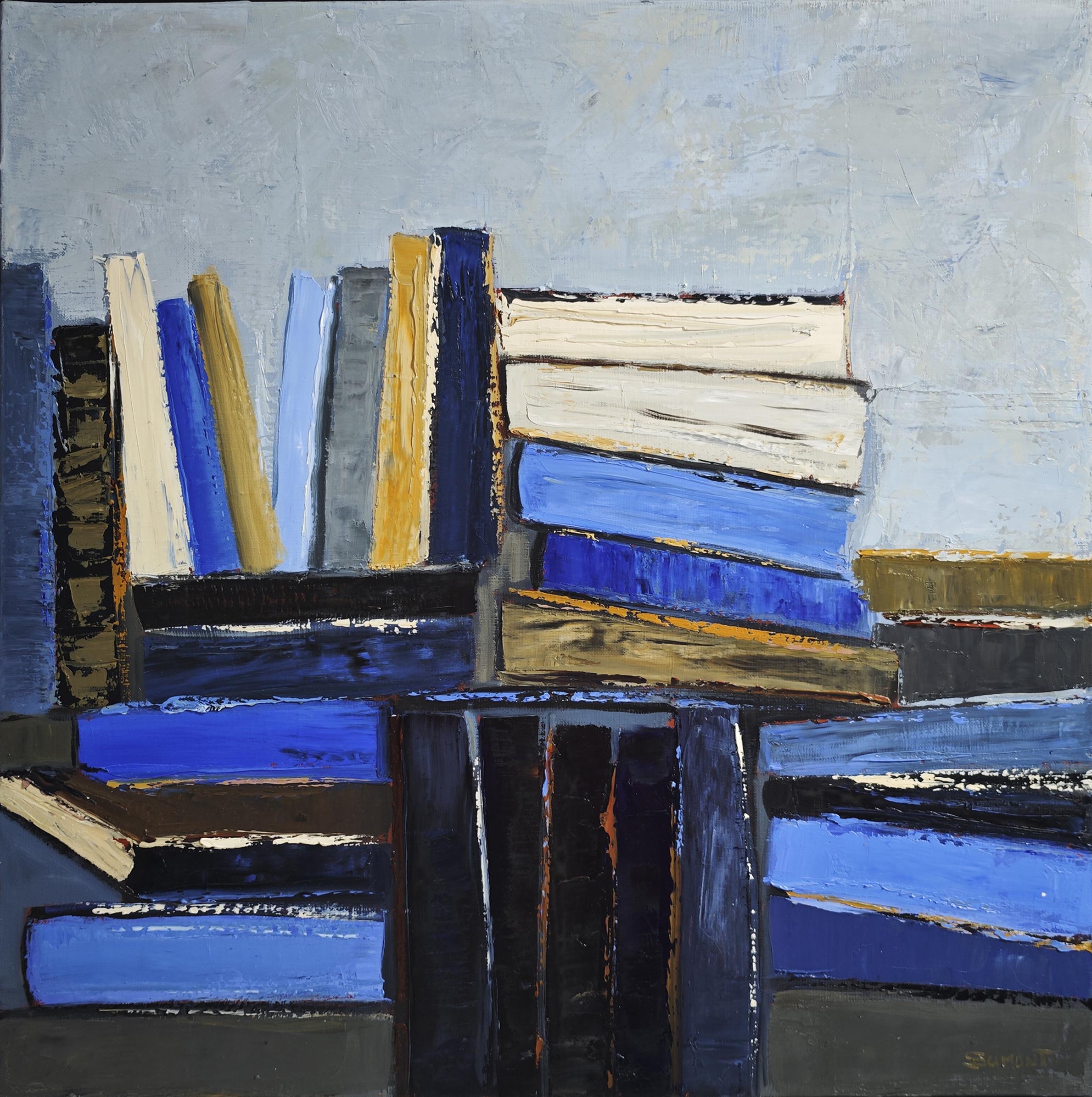Blue of pages - Abstract library, textured painting, Oil on canvas - Painting by SOPHIE DUMONT