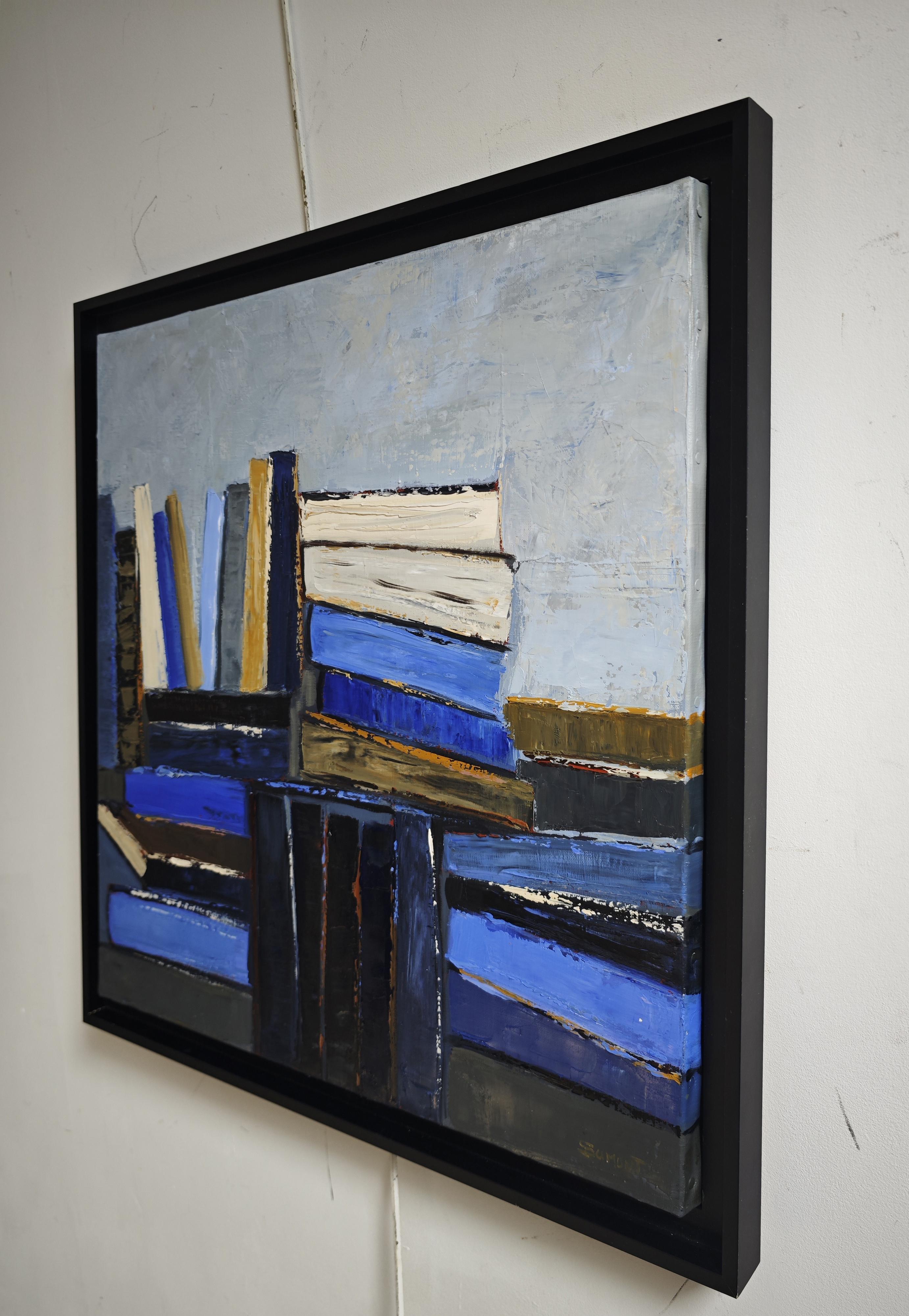 Blue of pages - Abstract library, textured painting, Oil on canvas - Abstract Geometric Painting by SOPHIE DUMONT