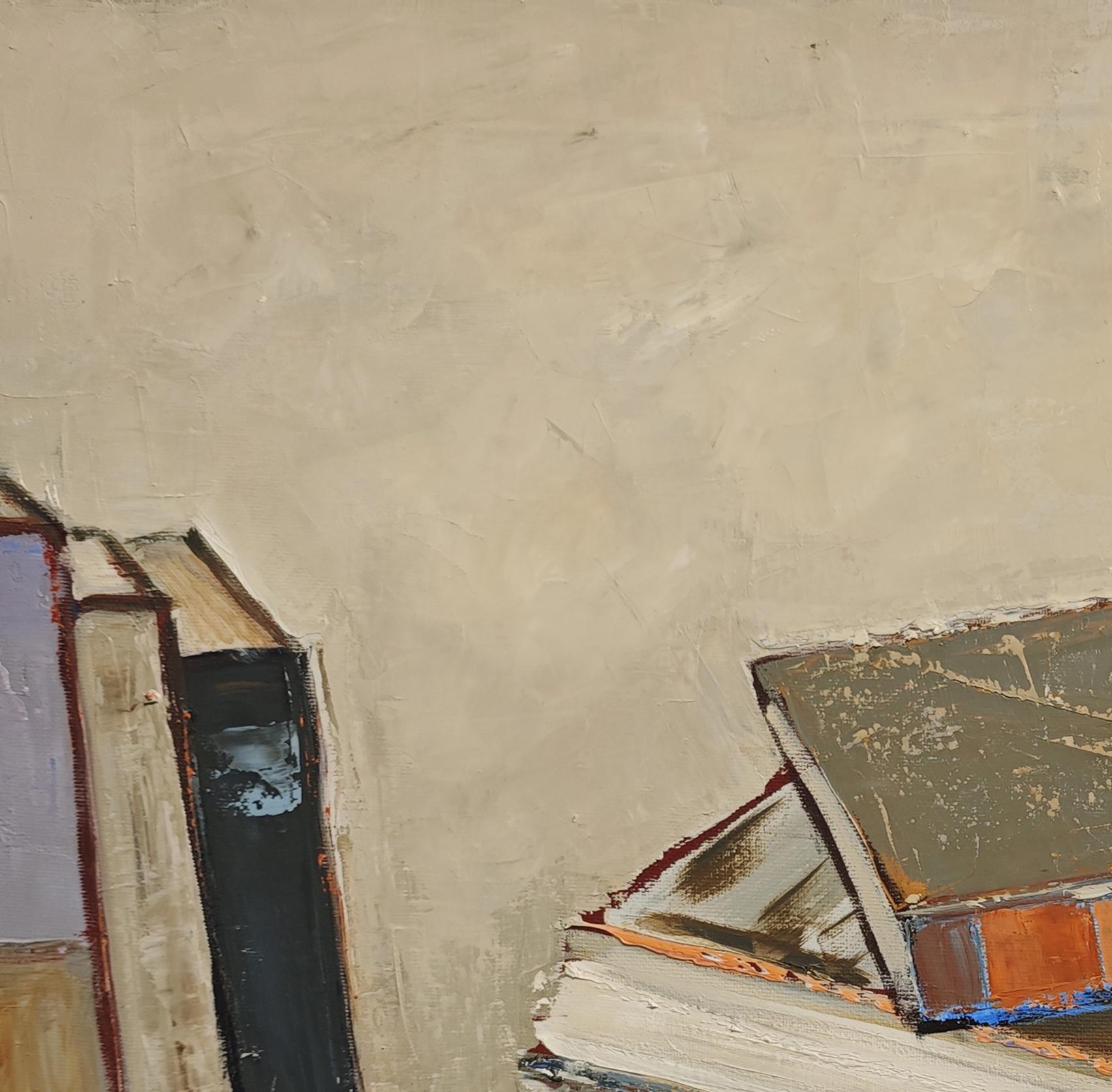 Les reliures en lumière - Abstract library, textured painting, Oil on canvas - Brown Still-Life Painting by SOPHIE DUMONT