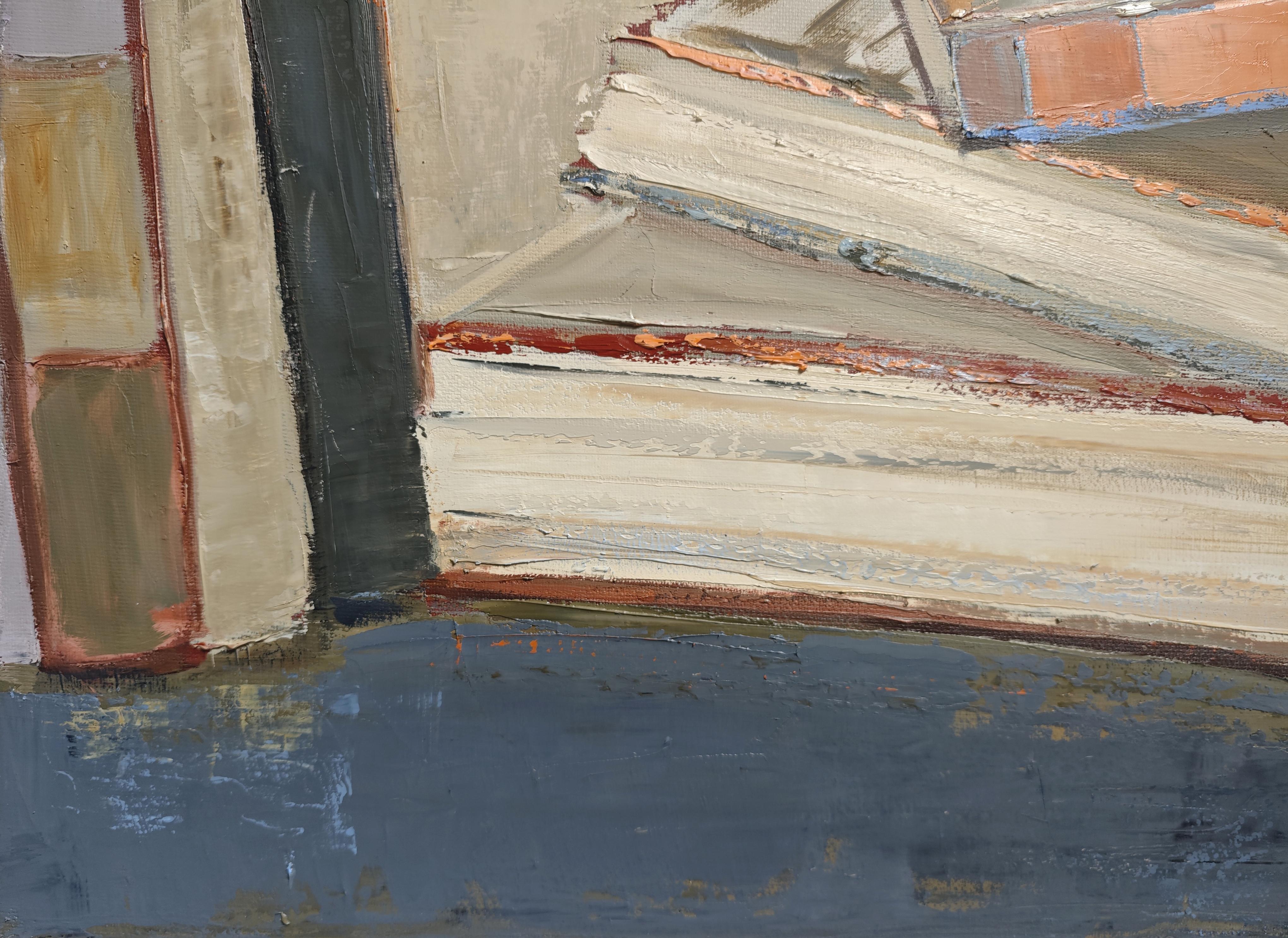 Les reliures en lumière - Abstract library, textured painting, Oil on canvas For Sale 1