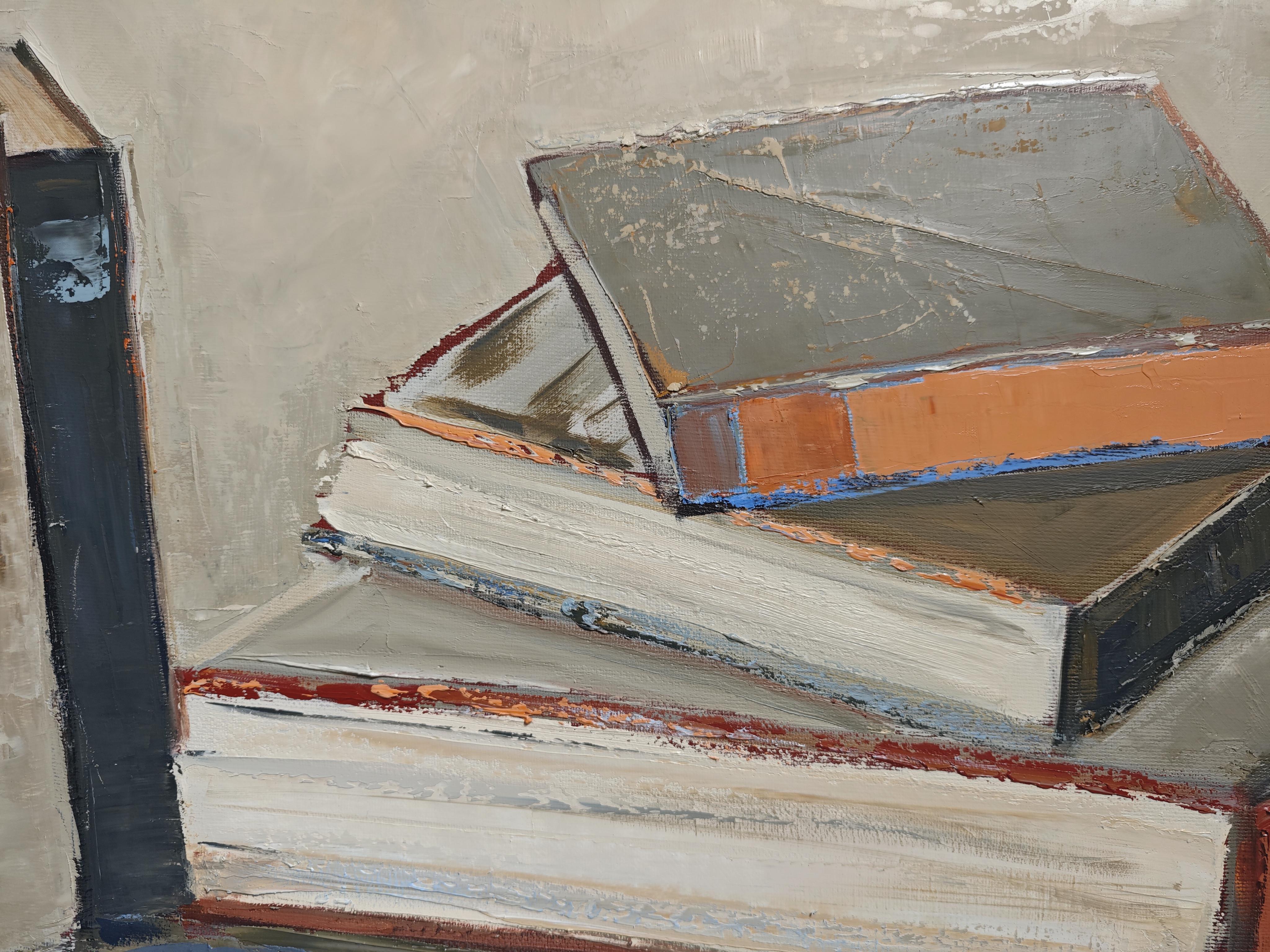 Les reliures en lumière - Abstract library, textured painting, Oil on canvas For Sale 2
