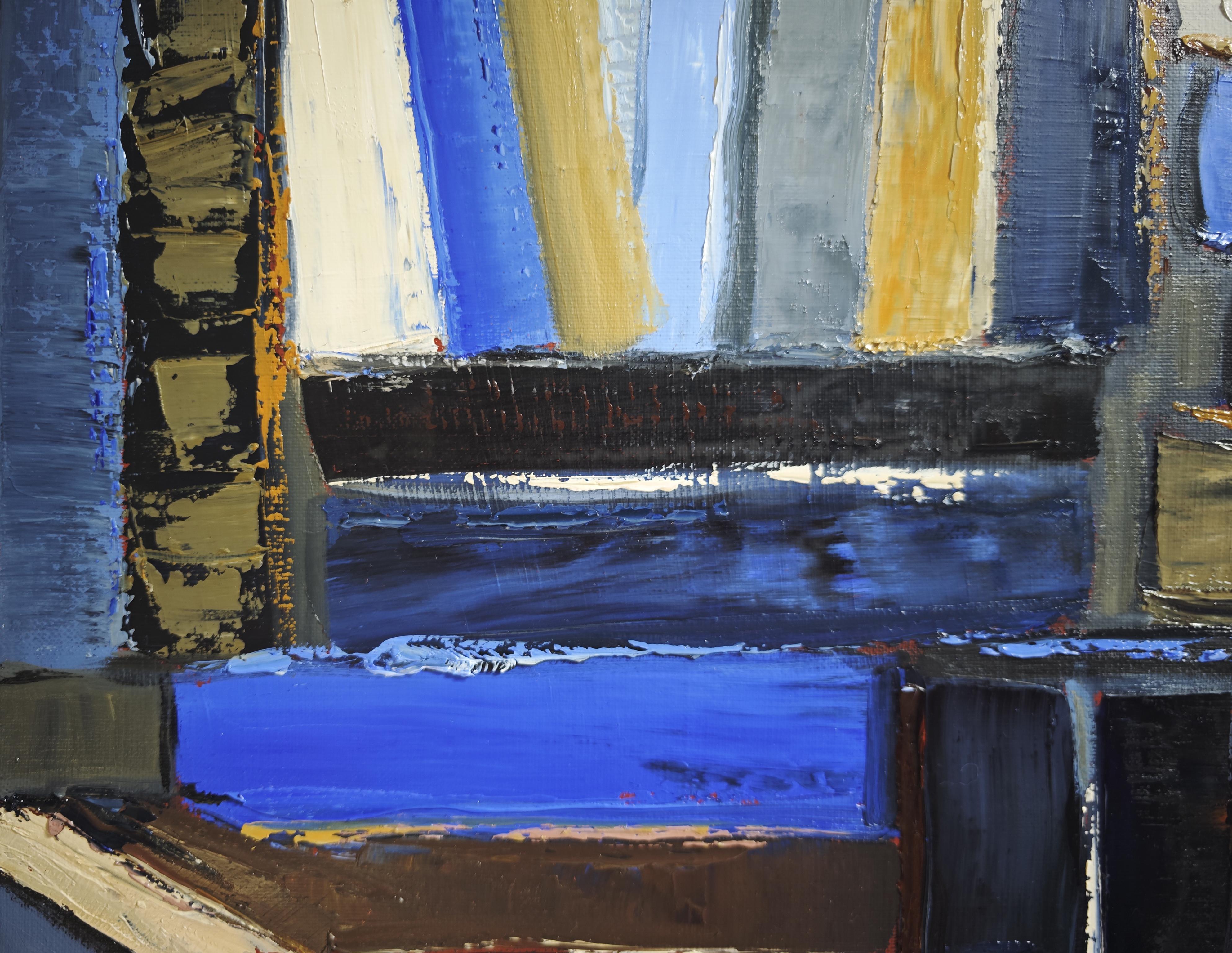 Blue of pages - Abstract library, textured painting, Oil on canvas For Sale 4