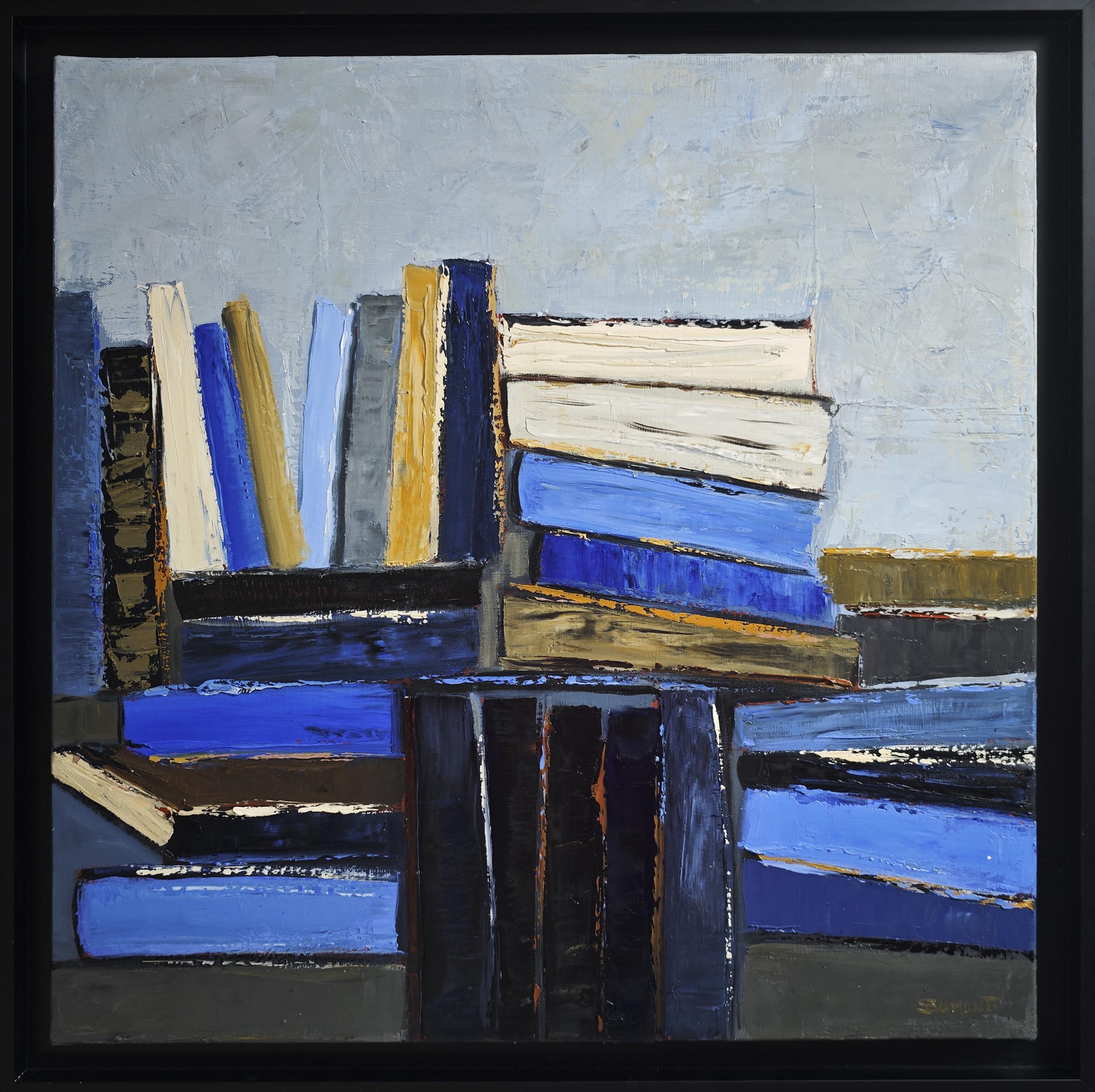 Blue of pages - Abstract library, textured painting, Oil on canvas