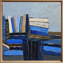 Blue of pages - Abstract library, textured painting, Oil on canvas