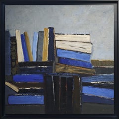 Bleu des pages - Bibliothèque abstraite, peinture texturée, huile sur toile