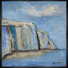blues cliffs, paysage semi abstrait, huile sur toile, bleu; texture, 2022