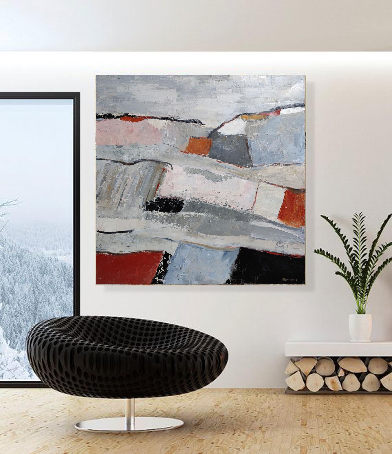 bocage normand, abstrakte Landschaft, Grau, Öl auf Leinwand, Expressionismus, Moderne – Painting von SOPHIE DUMONT