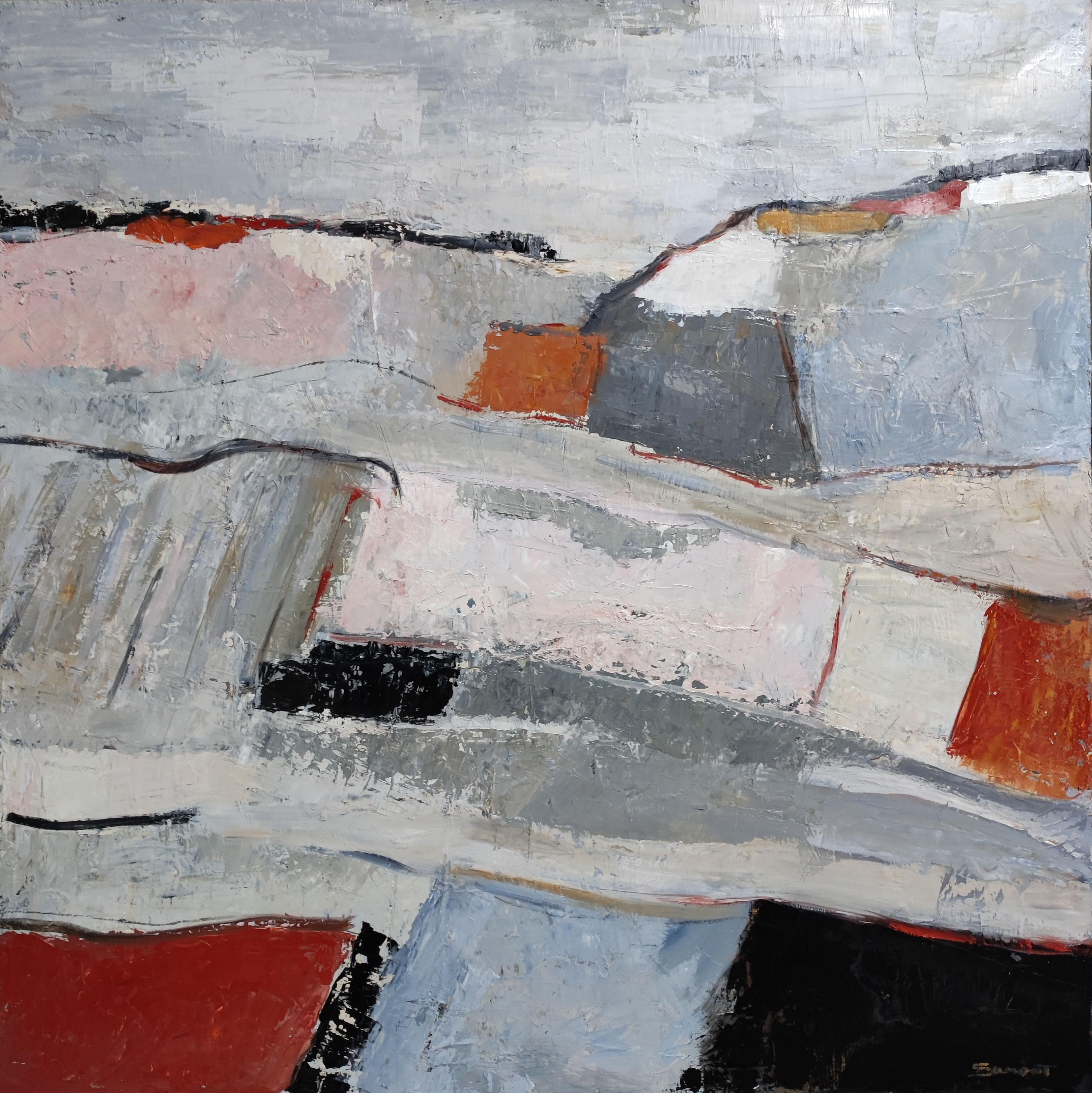 bocage normand, paysage abstrait, gris, huile sur toile, expressionnisme, moderne - Expressionnisme abstrait Painting par SOPHIE DUMONT