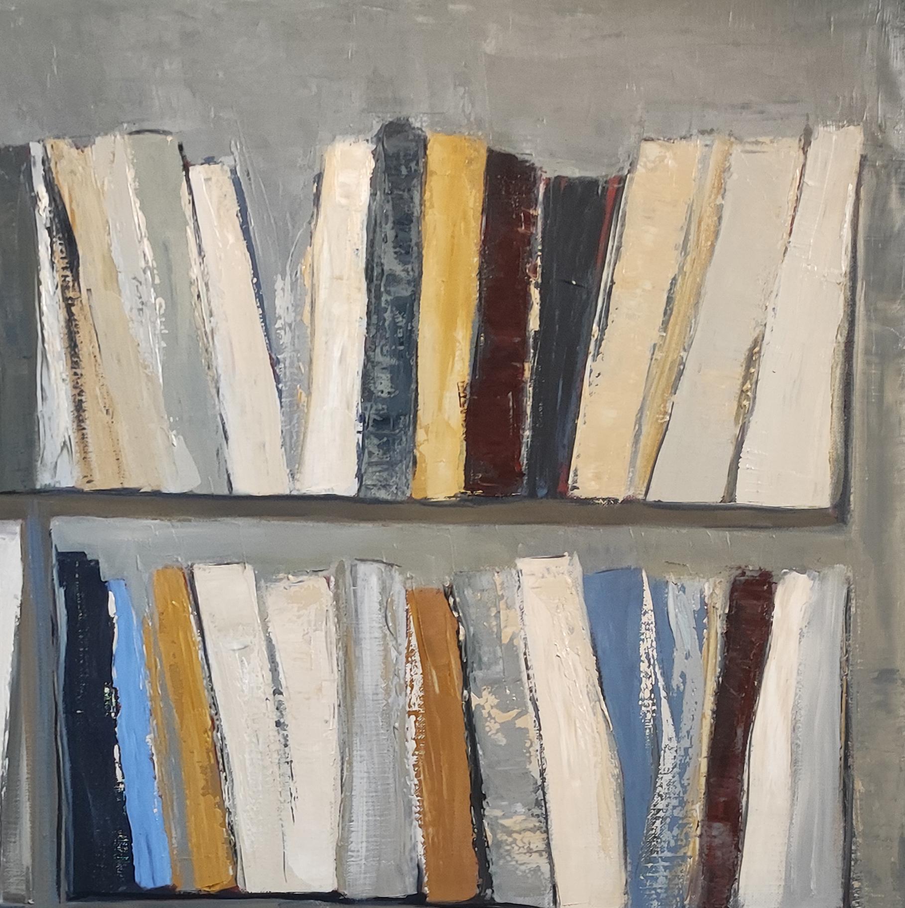 Harmonie littéraire, Abstract library geometric, textured, expressionism, blue - Gray Abstract Painting by SOPHIE DUMONT