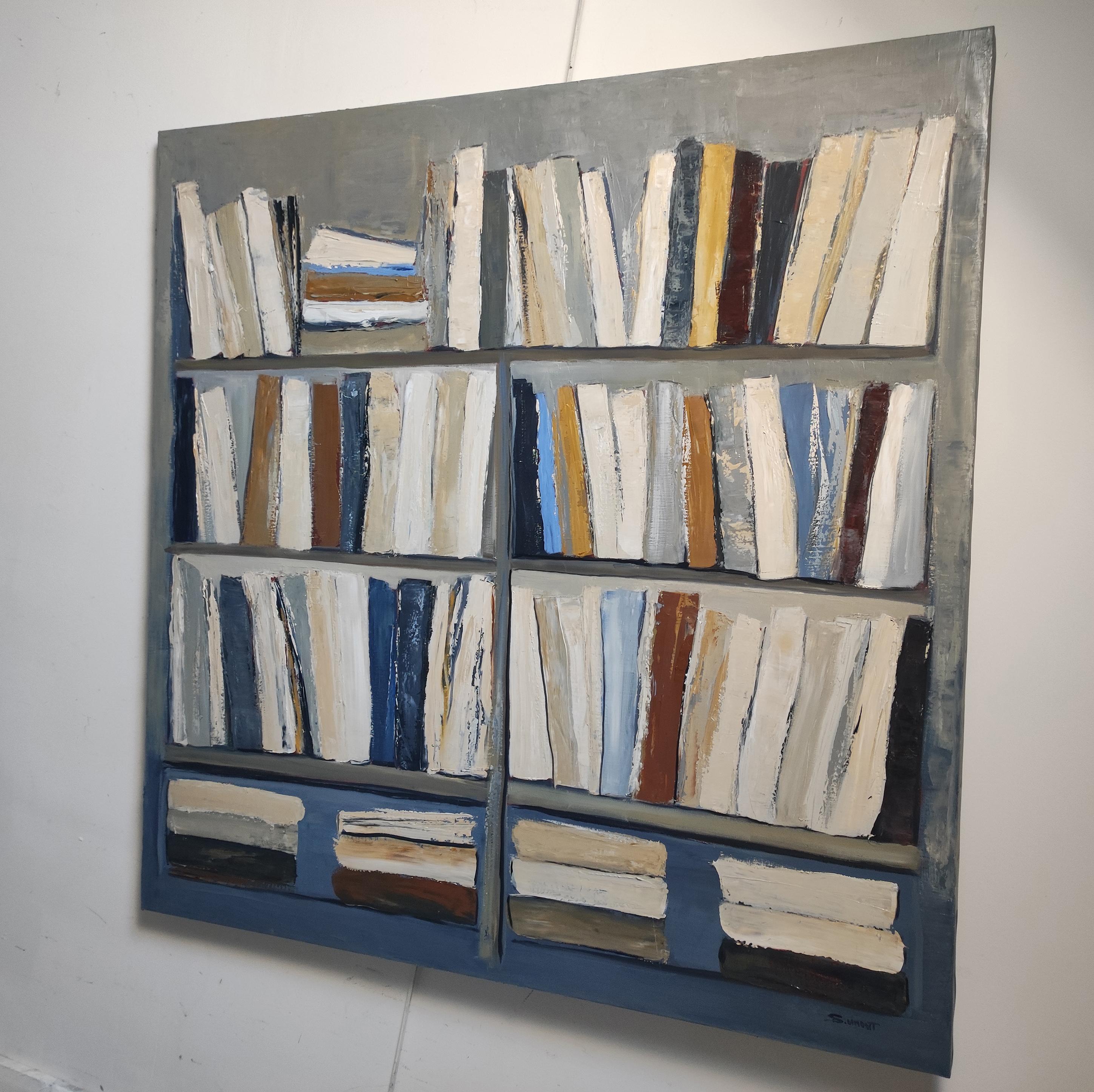 Harmonie littéraire, Abstract library geometric, textured, expressionism, blue For Sale 1