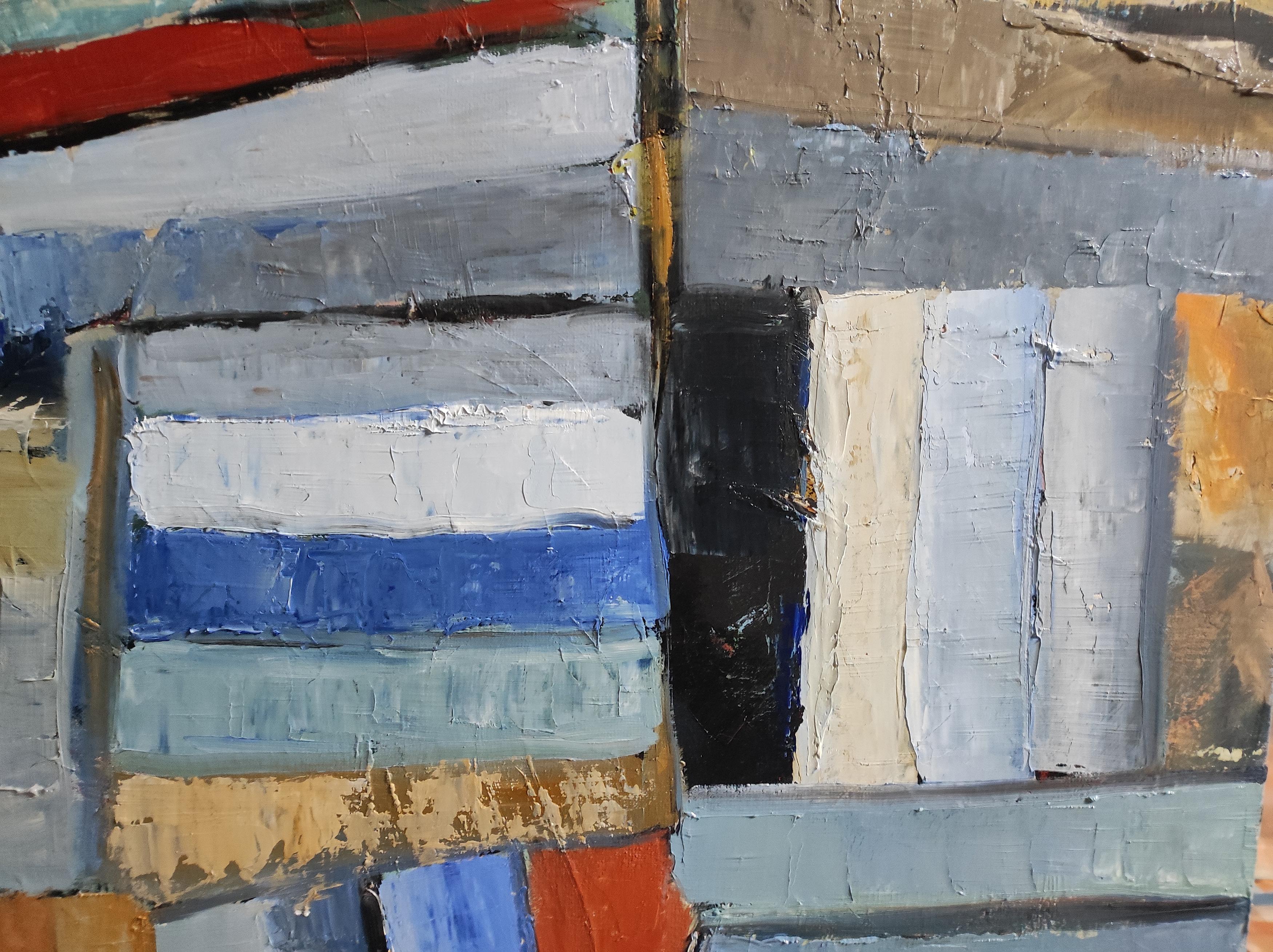books patchwork abstract geometric colorfull, textured, expressionism, blue - Abstract Painting by SOPHIE DUMONT