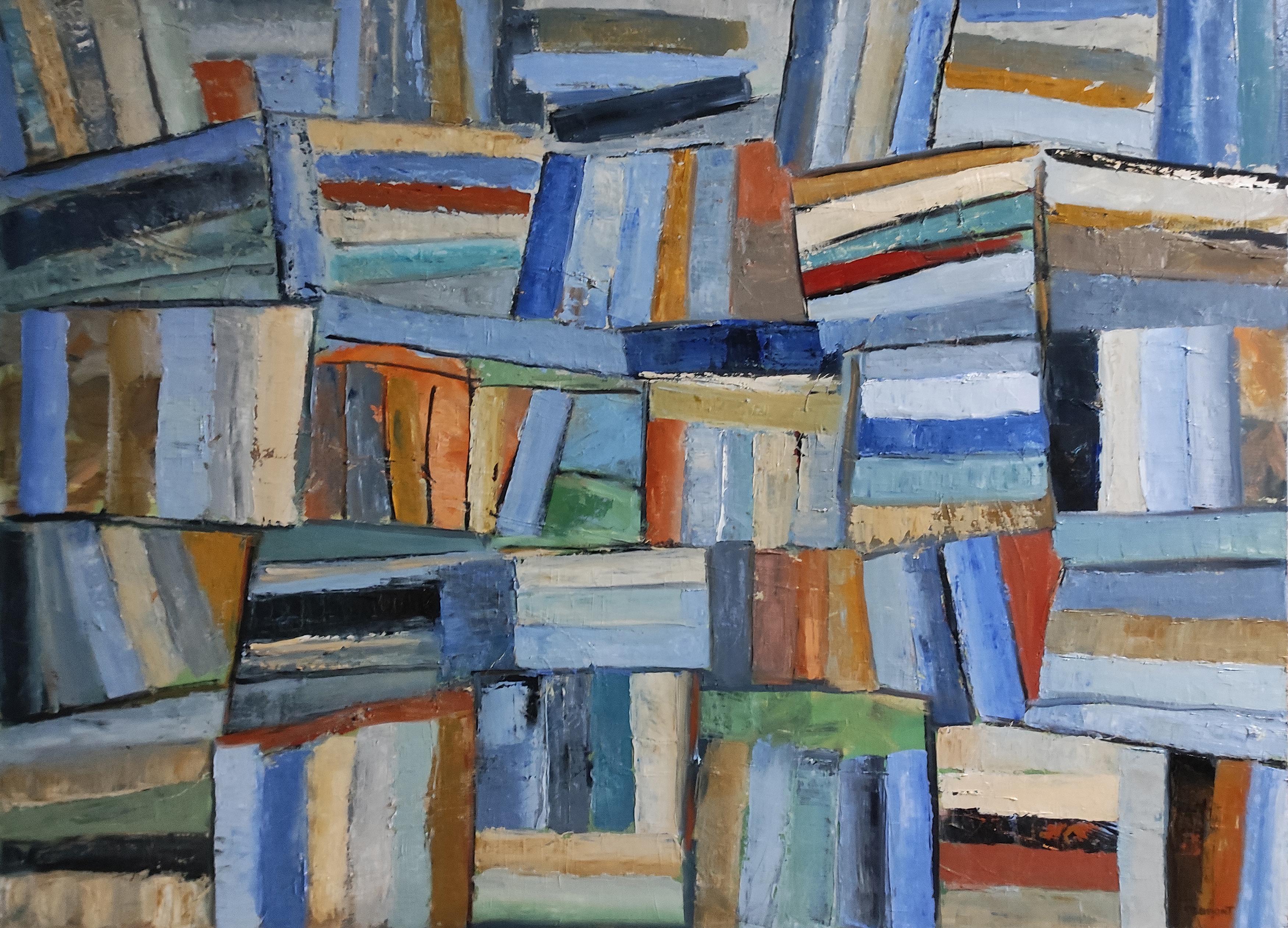 SOPHIE DUMONT Still-Life Painting - books patchwork abstract geometric colorfull, textured, expressionism, blue