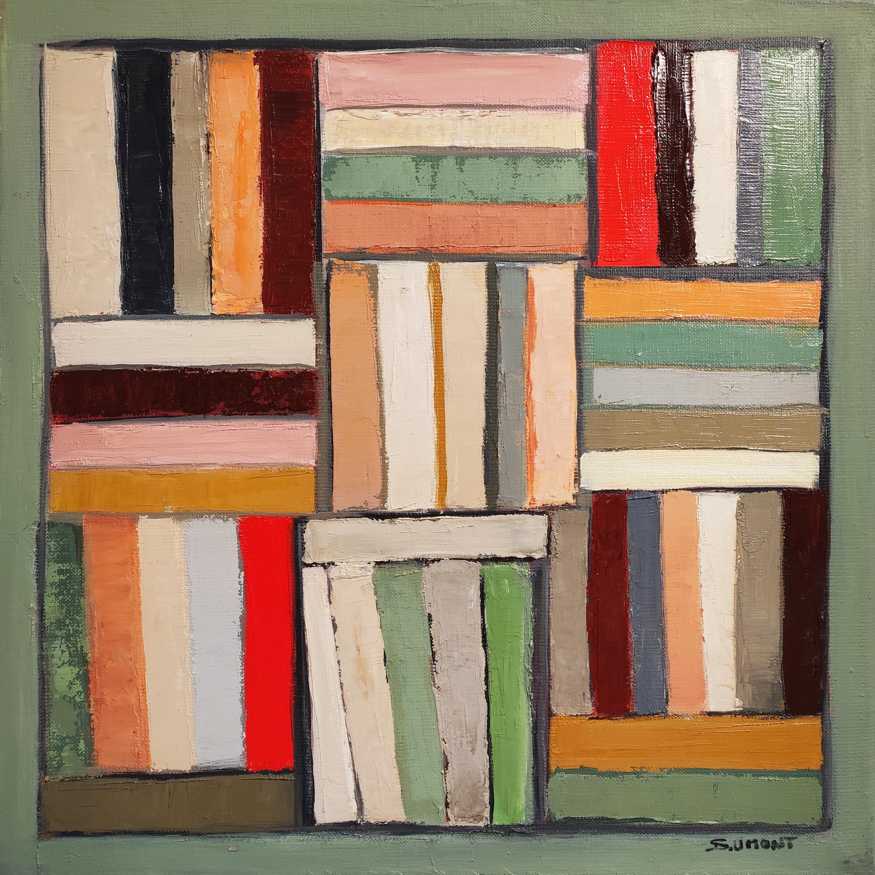 Books symphony, Abstract, library, French Minimalism, Multicolor, Expressionism - Painting by SOPHIE DUMONT