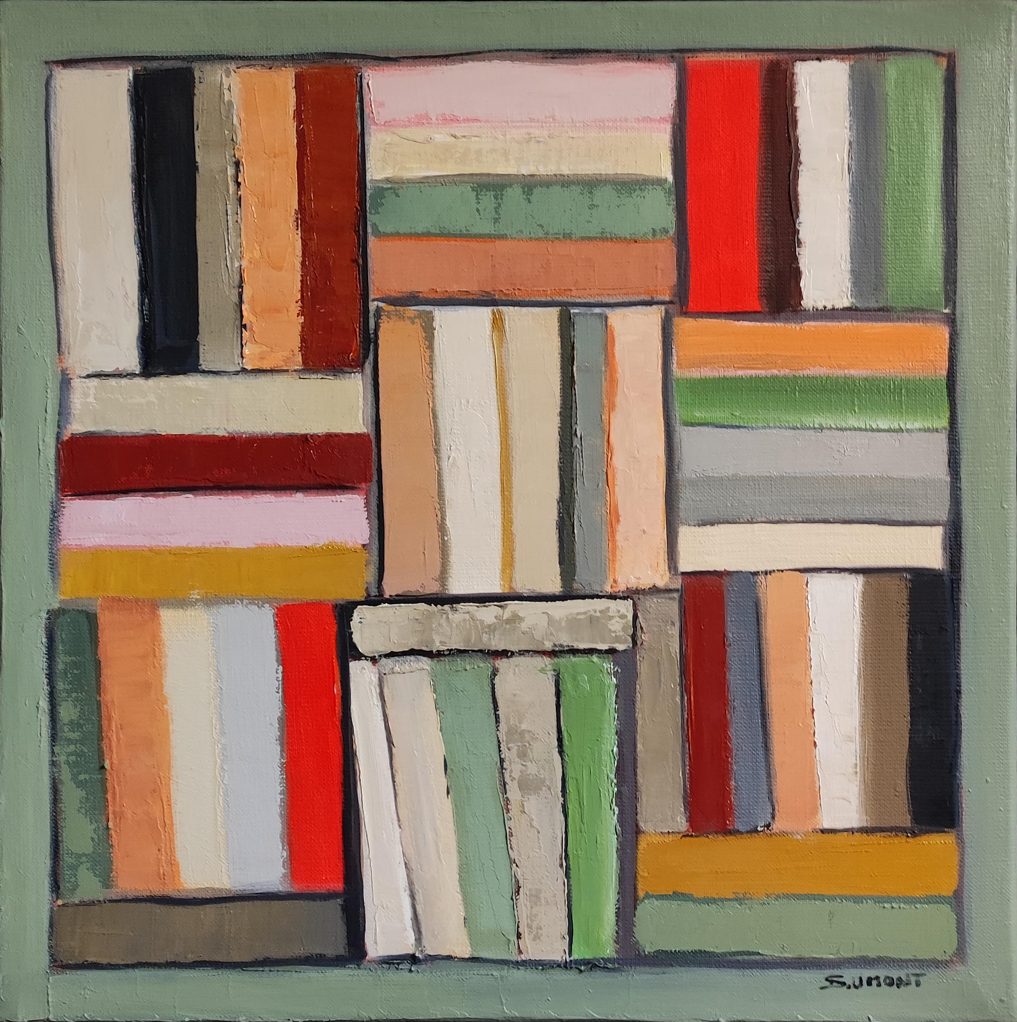 books symphony, abstract, library, french minimalism, multicolor, expressionism - Brown Interior Painting by SOPHIE DUMONT