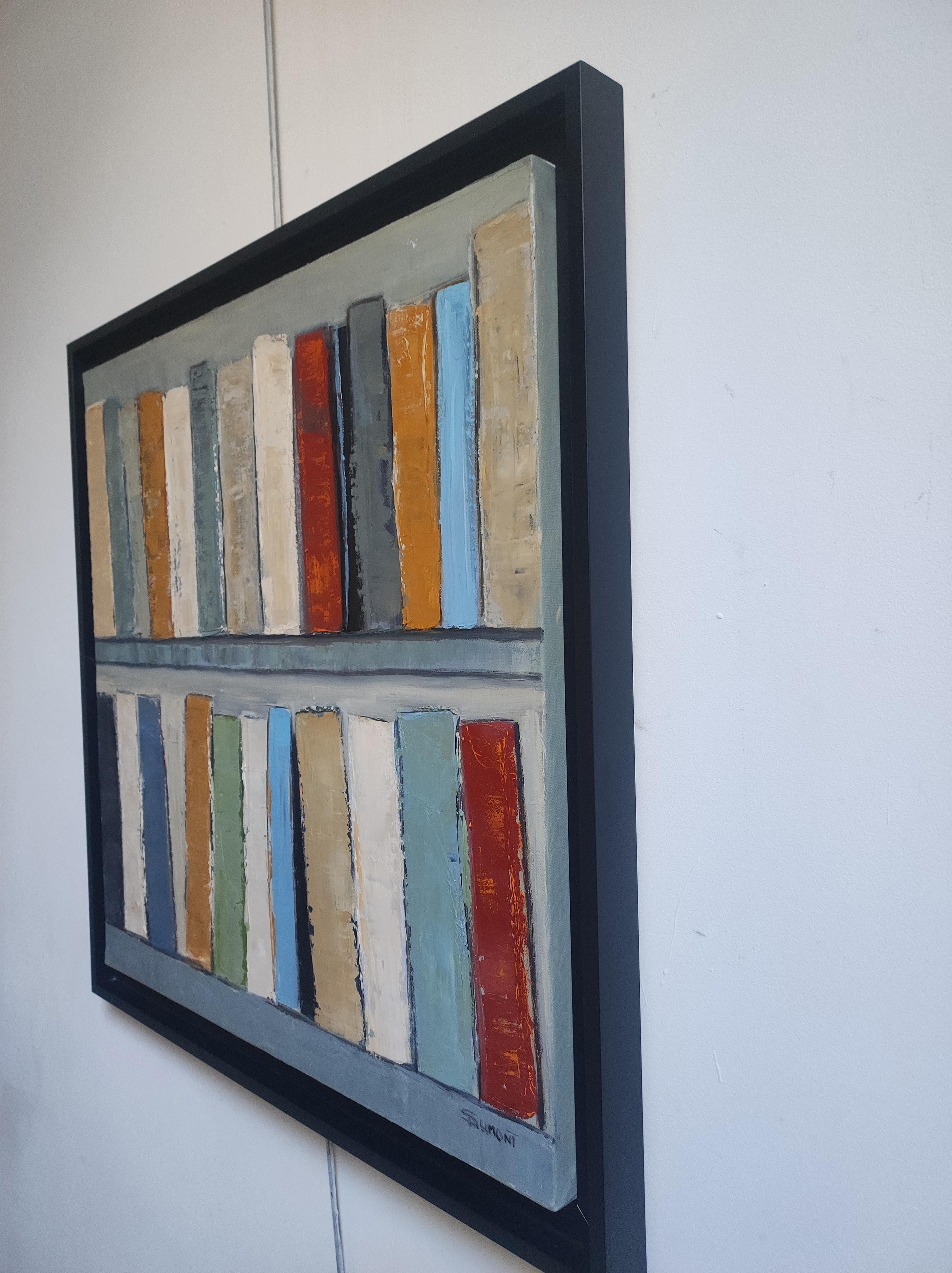 Bound by Color, Abstract, oil on canvas, Books, Library, Expressionism, French - Abstract Impressionist Painting by SOPHIE DUMONT