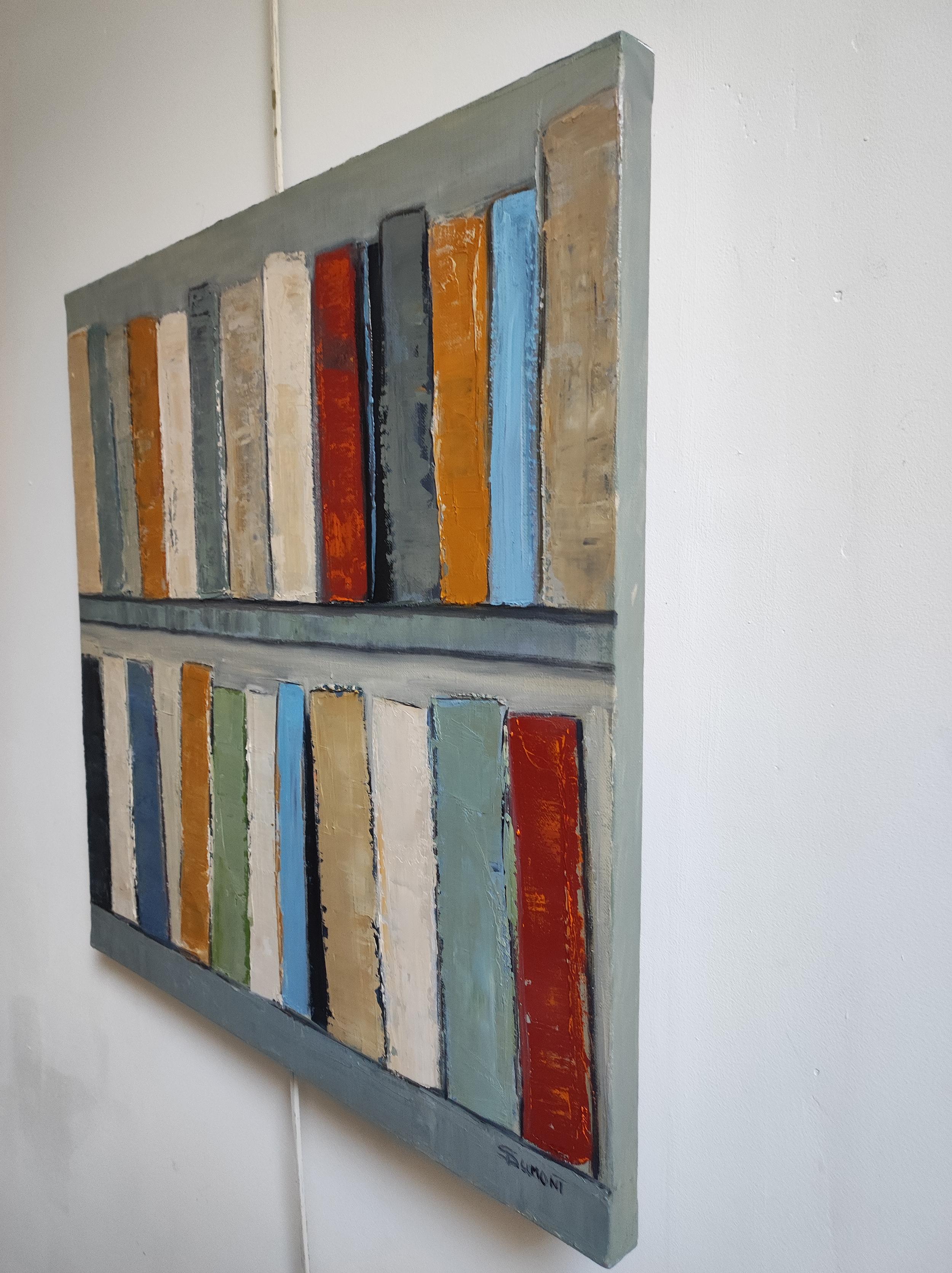 Bound by Color, Abstract, oil on canvas, Books, Library, Expressionism, French - Gray Abstract Painting by SOPHIE DUMONT