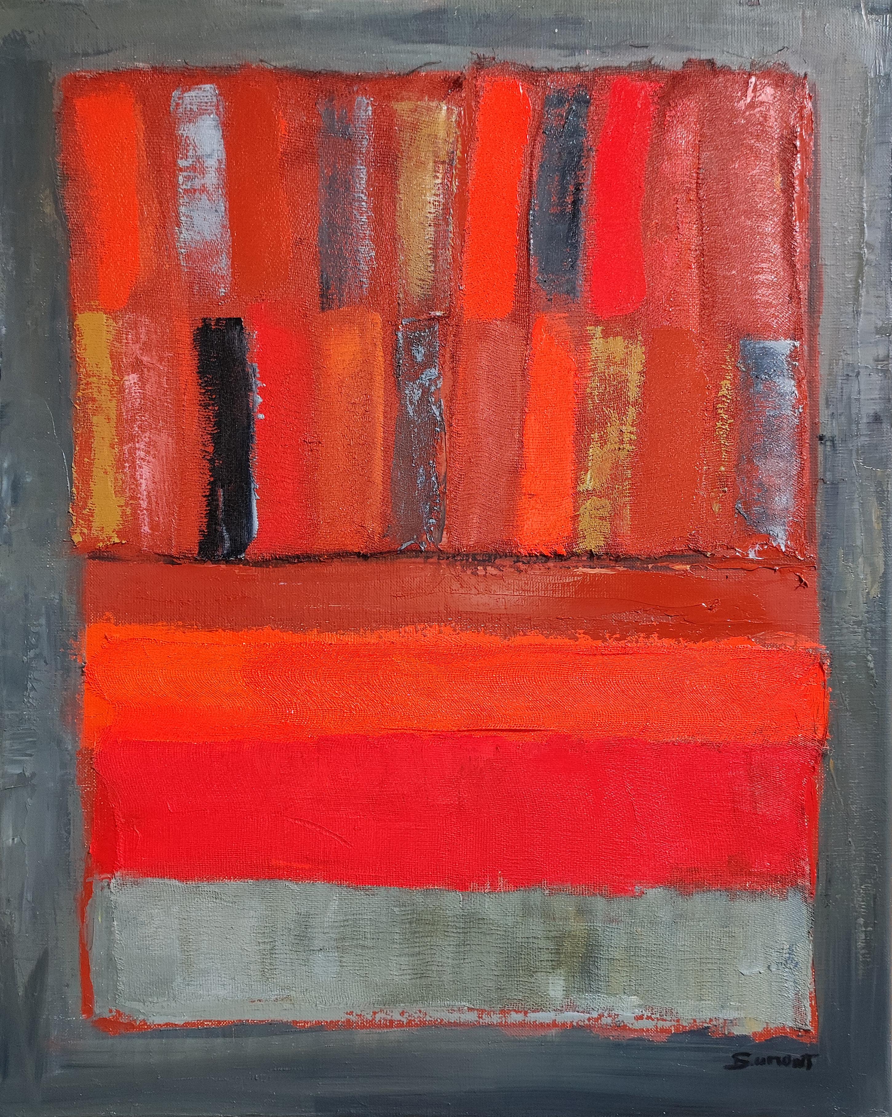 Carmin, Rote abstrakte Bibliothek,  Moderne Moderne, Expressionismus, Geometrische Collage, Öl – Painting von SOPHIE DUMONT