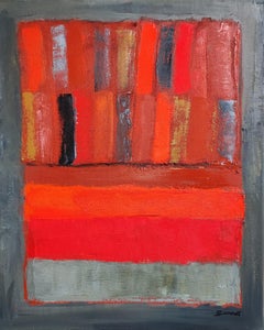 Biblioteca Roja - Pintura al óleo abstracta con textura y collage del artista francés
