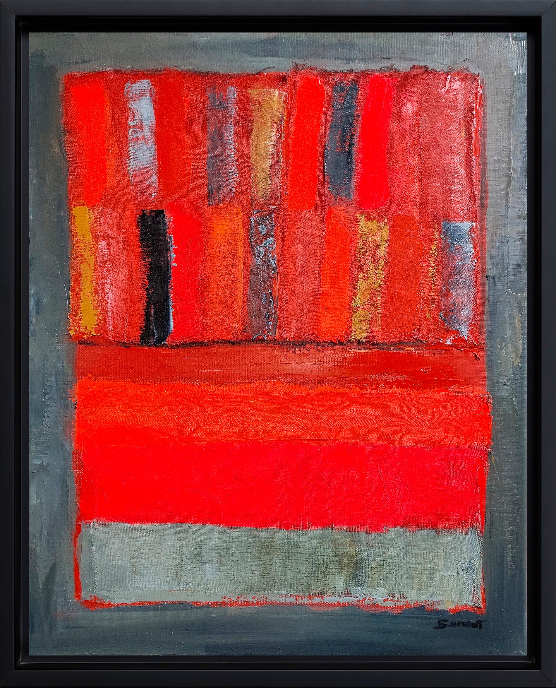 SOPHIE DUMONT Abstract Painting - Carmin, red abstract library,  colored, expressionism, geometriic collage, oil