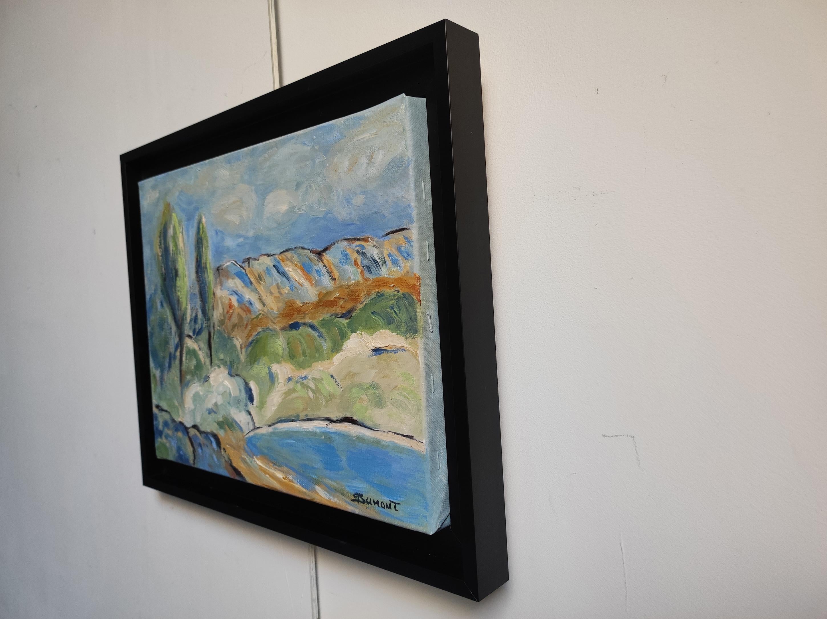 champêtre, paysage de campagne, huile sur toile, école française, figuratif, bleu - École française Painting par SOPHIE DUMONT