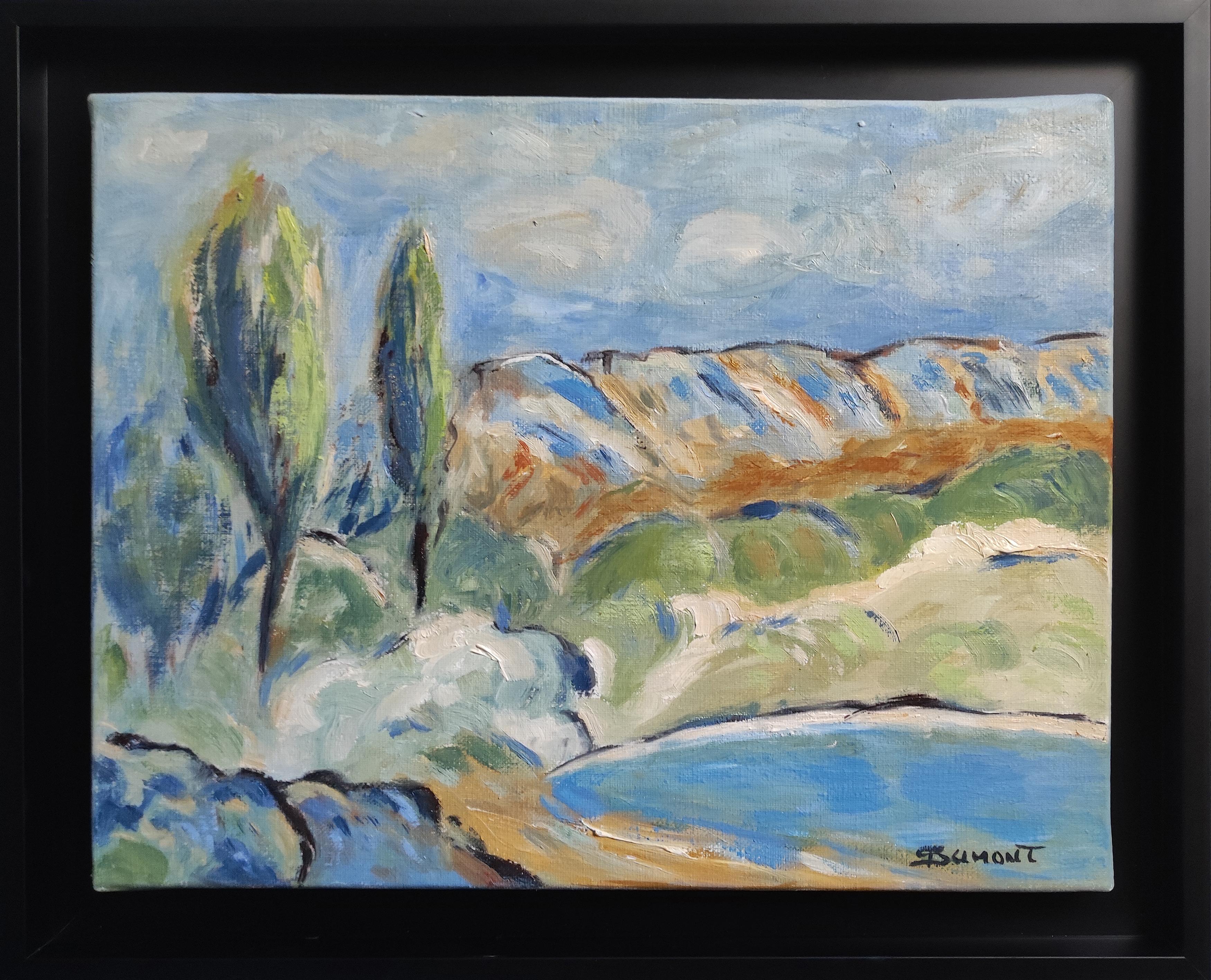 SOPHIE DUMONT Figurative Painting - champêtre, countryside landscape, oil on canvas, French school, figurative, blue