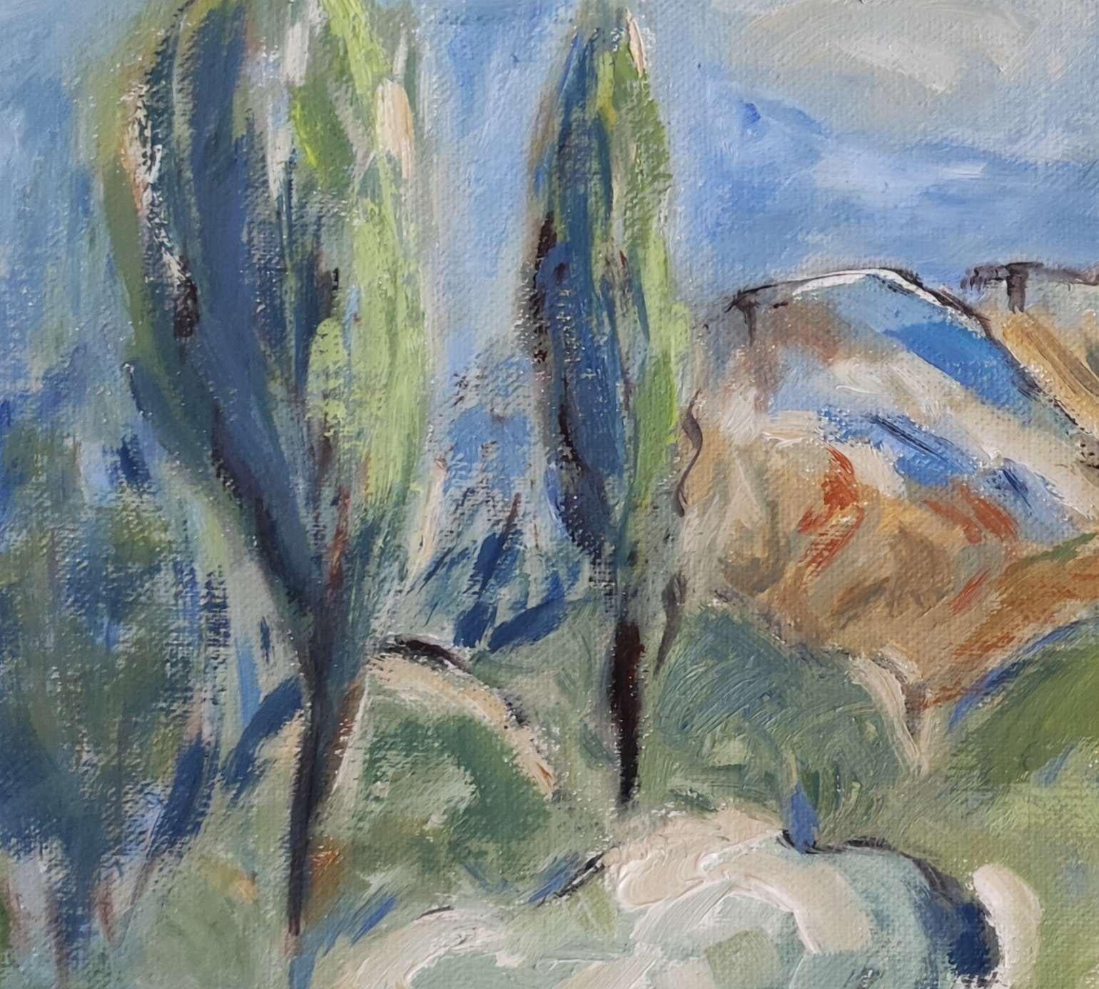 champêtre, paysage de campagne, huile sur toile, école française, figuratif, bleu en vente 4