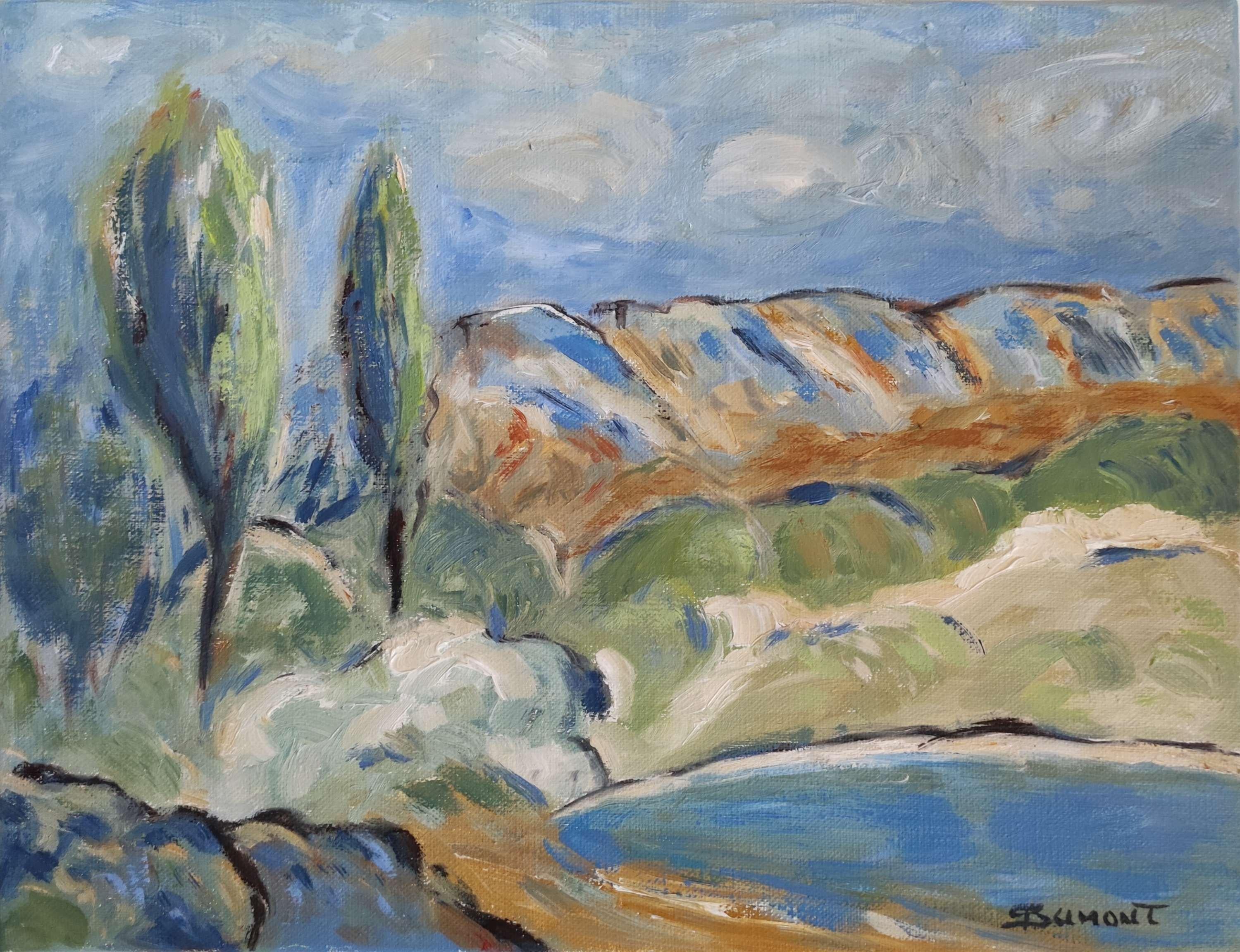 champêtre, paysage de campagne, huile sur toile, école française, figuratif, bleu en vente 5