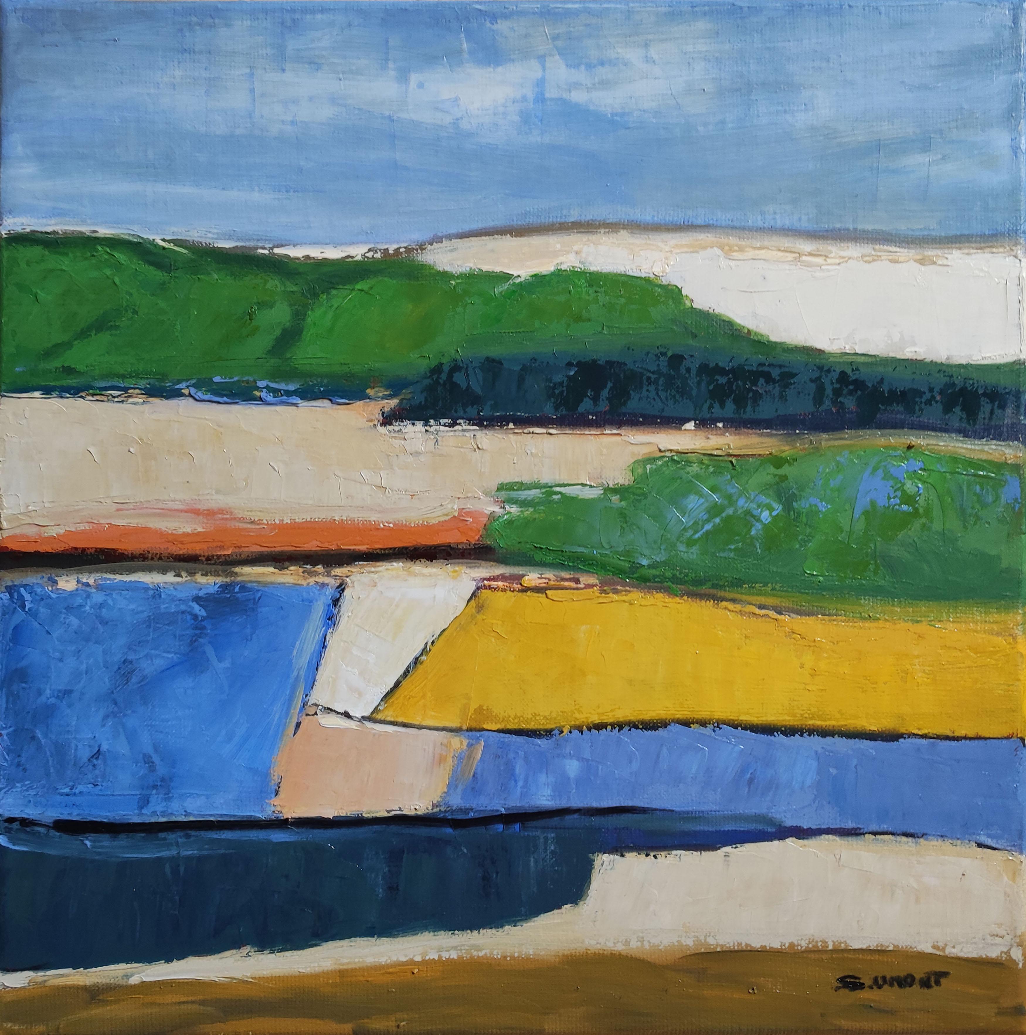champs colorés, abstract landscape, oil on canvas, expressionism, fields, France - Abstract Expressionist Painting by SOPHIE DUMONT