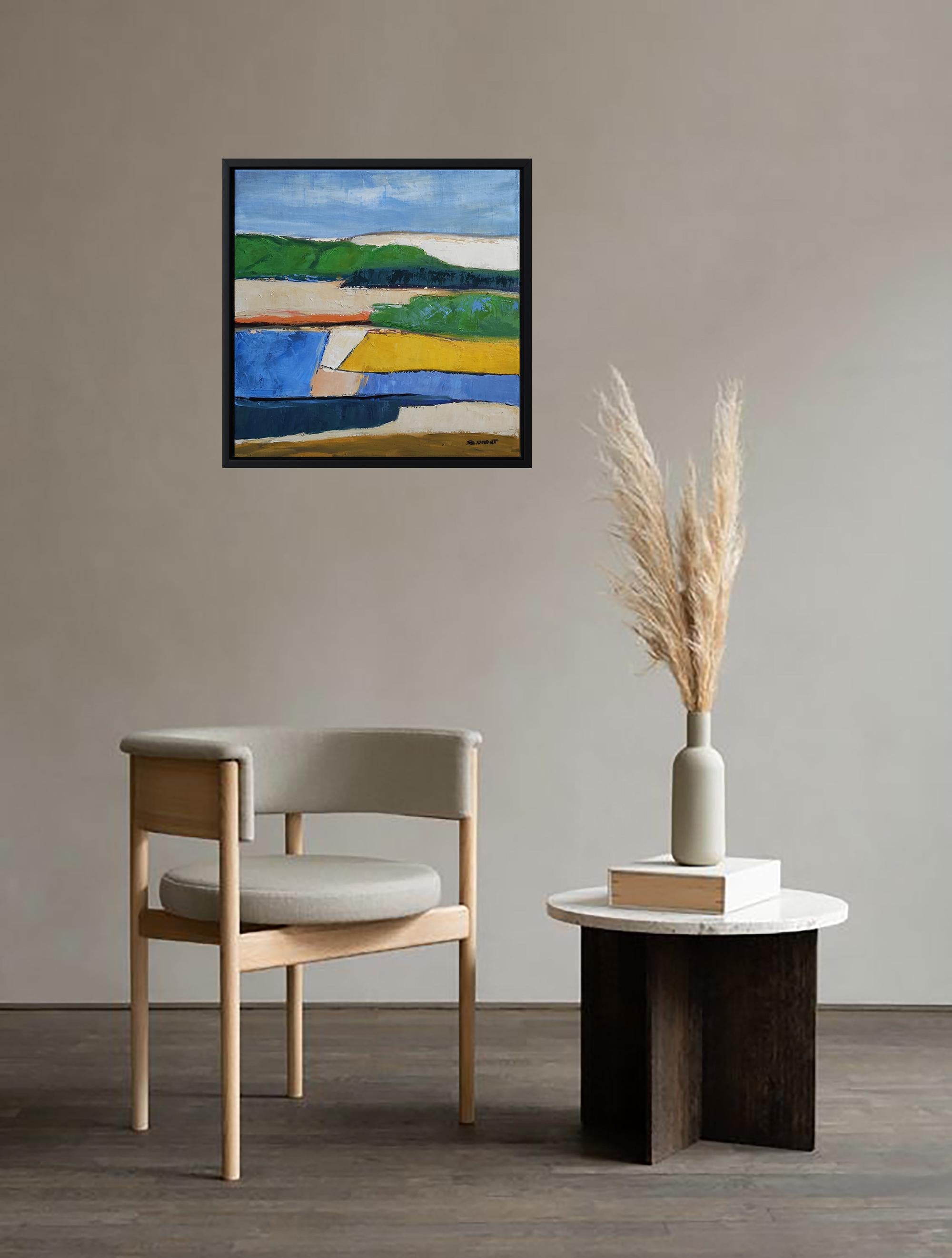 In this canvas, Sophie Dumont transports us to the heart of the Normandy countryside, where fields stretch under an infinite sky. With a palette of greens, whites, and blues, she captures the ever-changing brilliance of nature, a symphony of colors