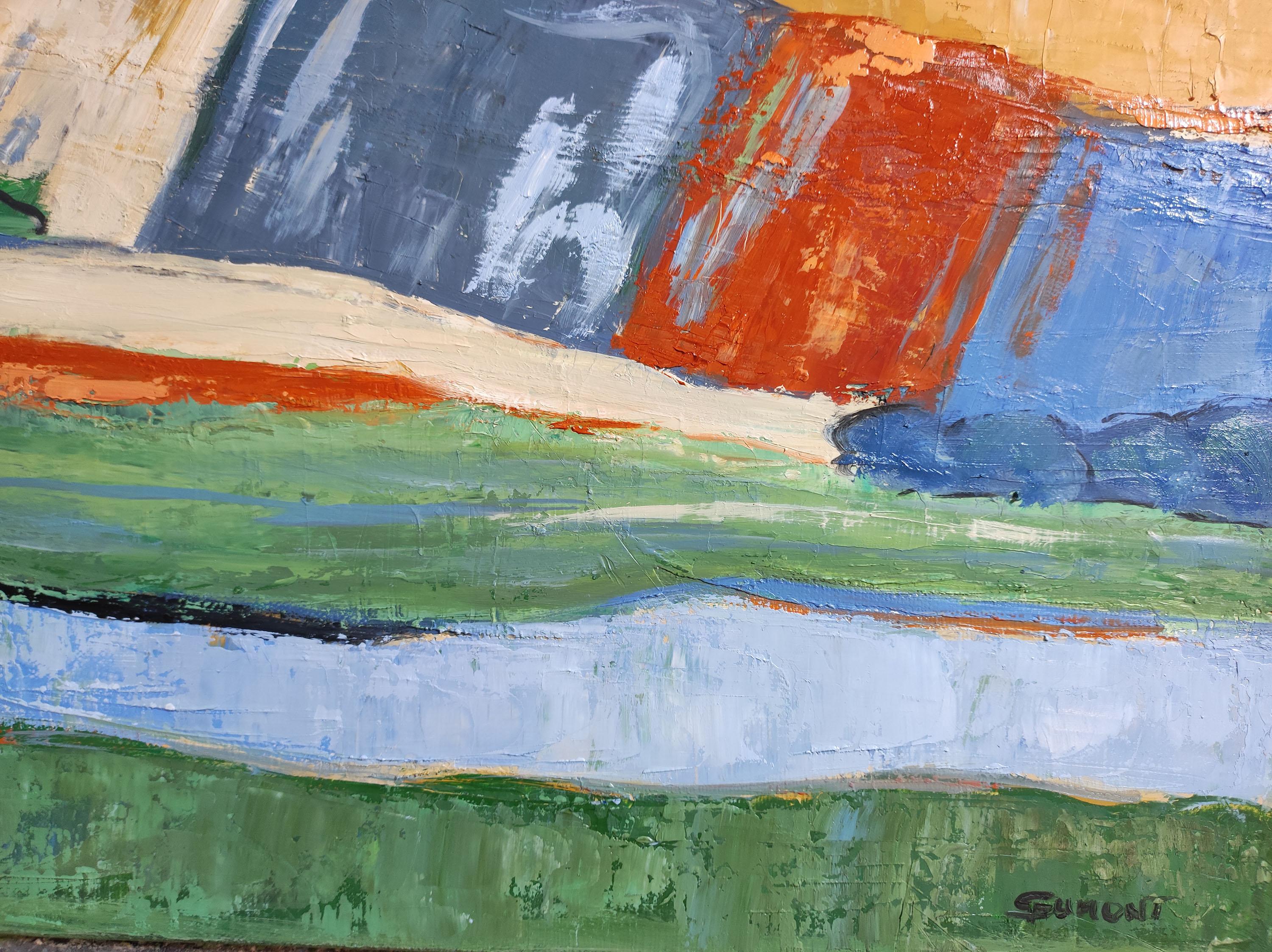 Fields in April, abstract landscape, blue, green, expressionist, contemporary For Sale 5