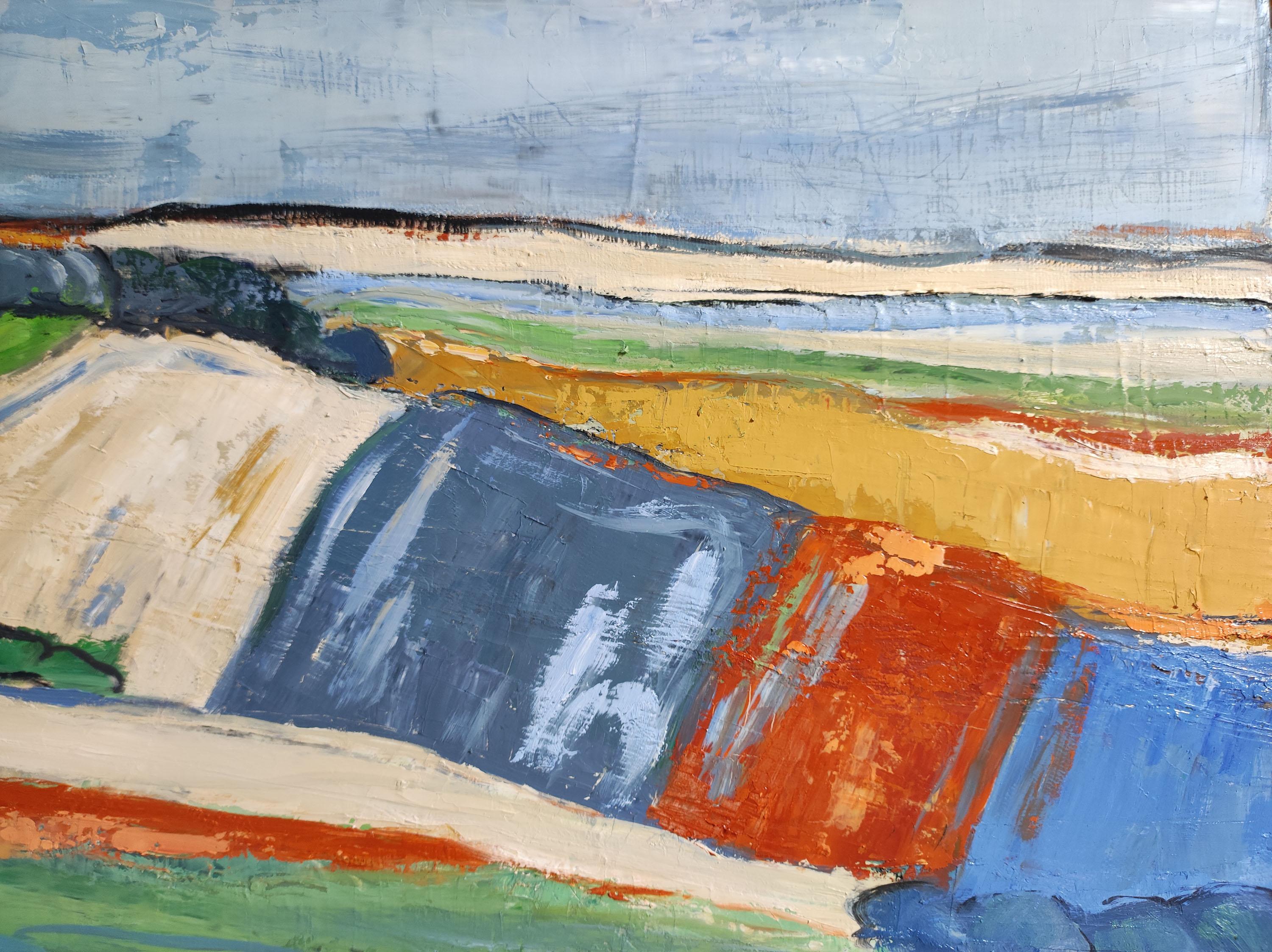 Fields in April, abstract landscape, blue, green, expressionist, contemporary - Gray Landscape Painting by SOPHIE DUMONT